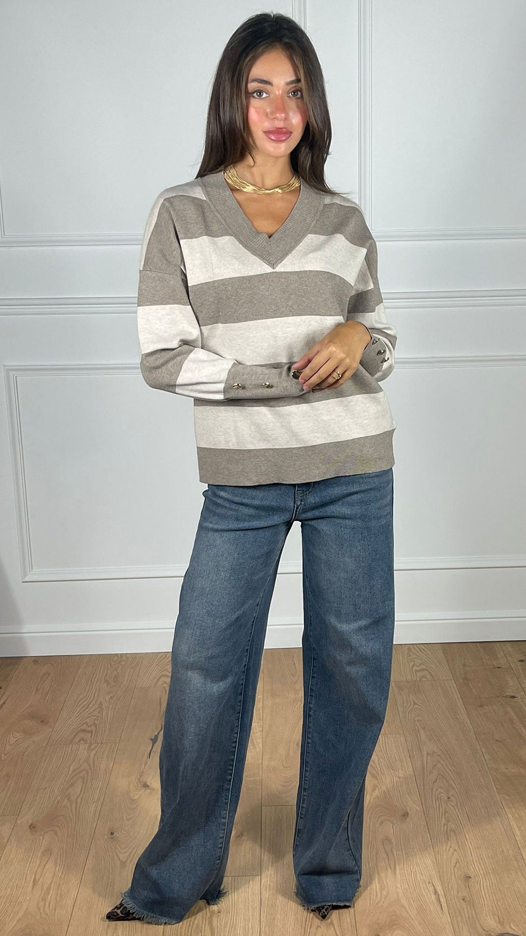 Maxi Pull scollo V a righe