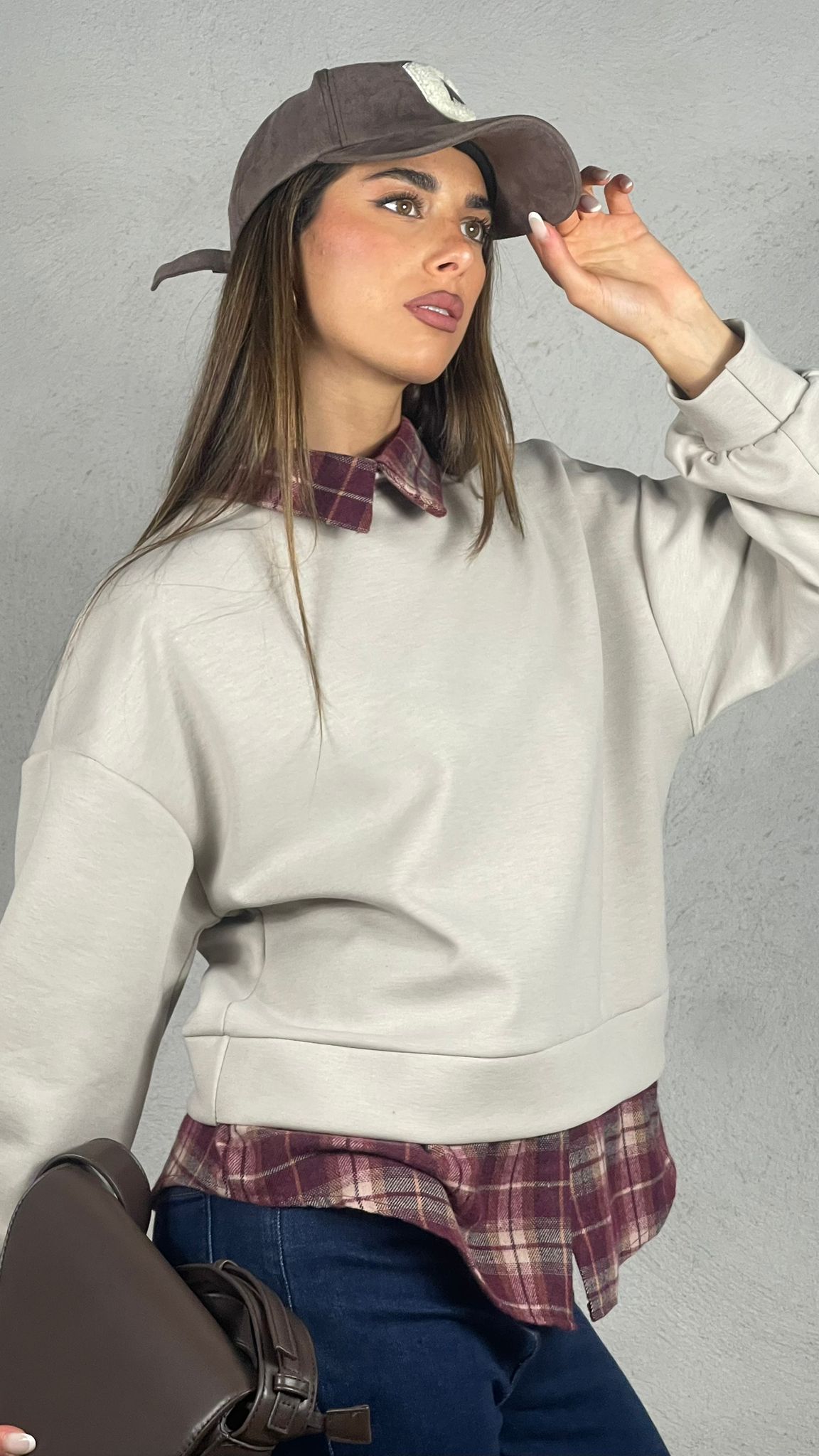 Felpa con inserti camicia Vichy