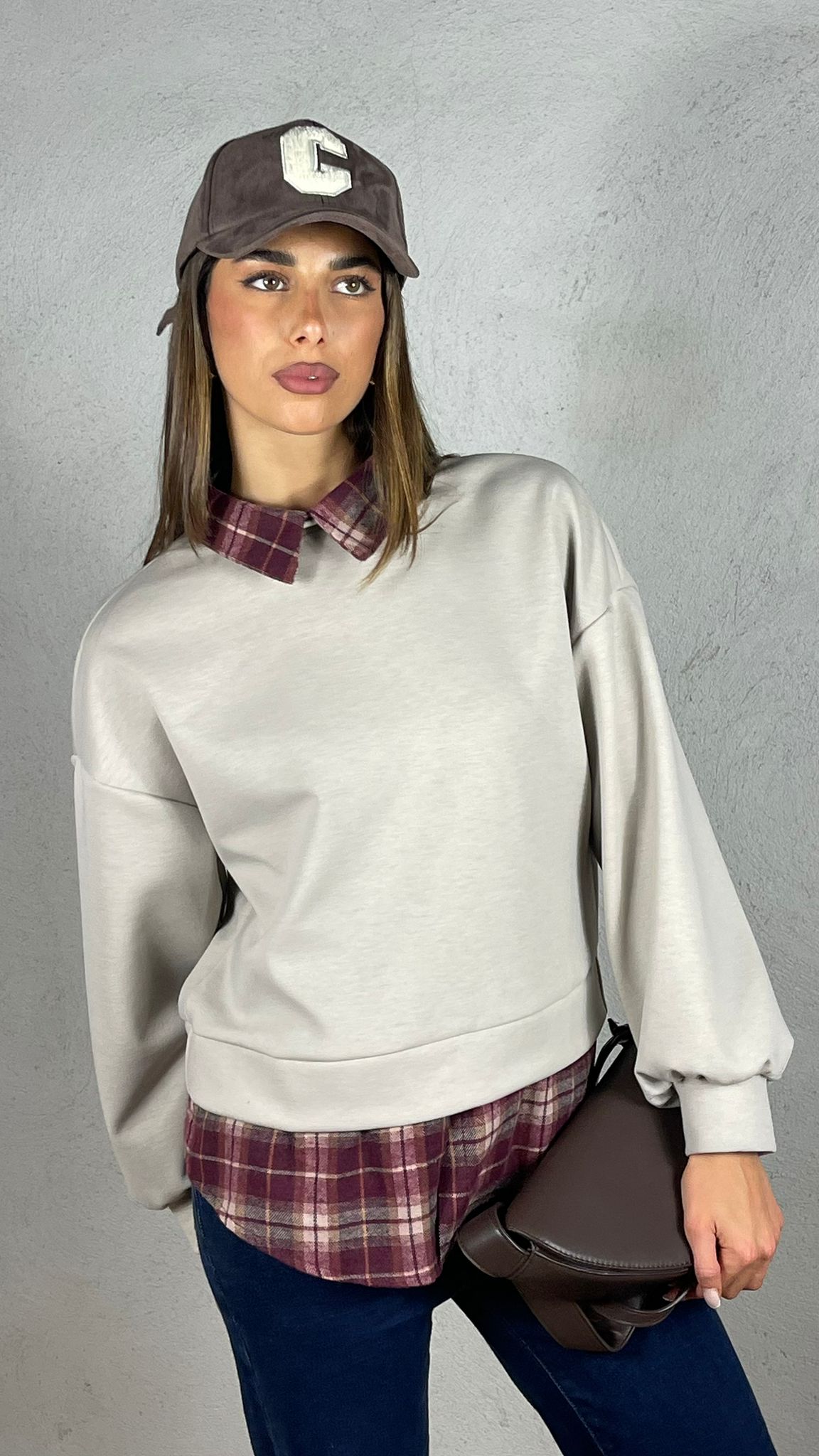 Felpa con inserti camicia Vichy