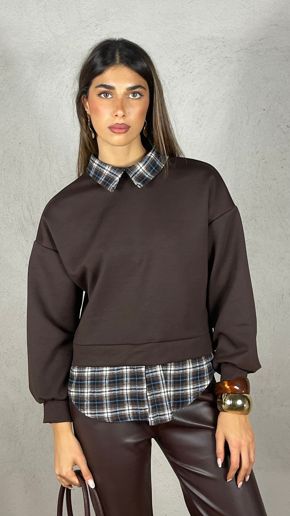 Felpa con inserti camicia Vichy