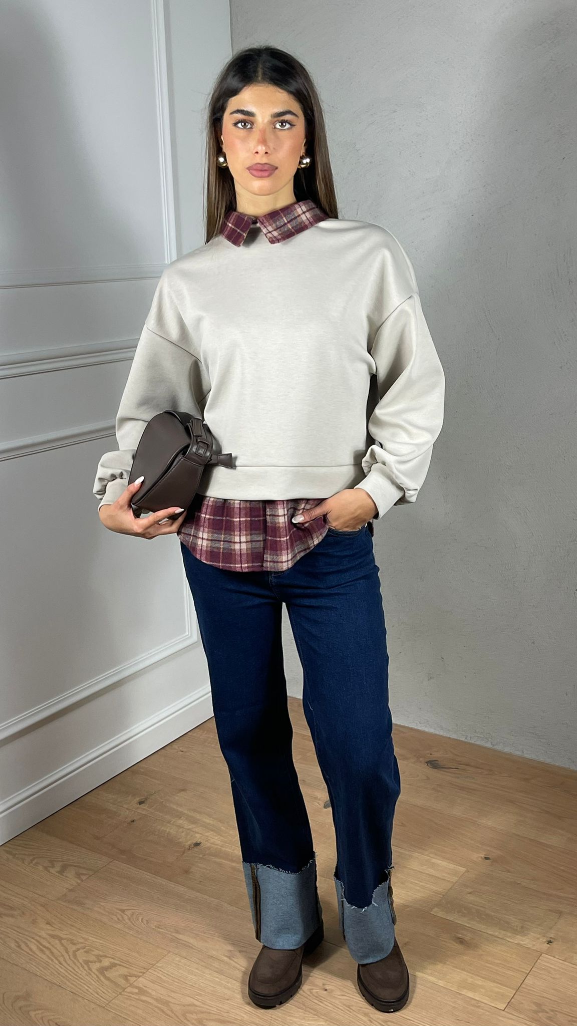 Felpa con inserti camicia Vichy