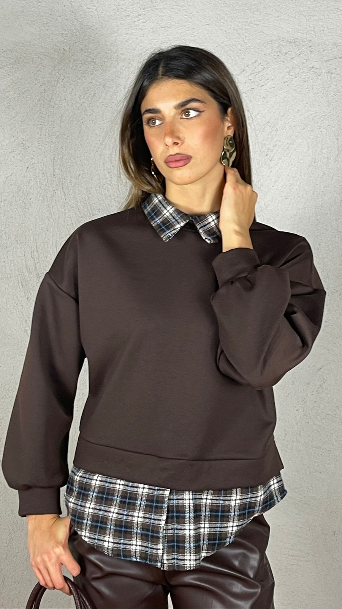 Felpa con inserti camicia Vichy