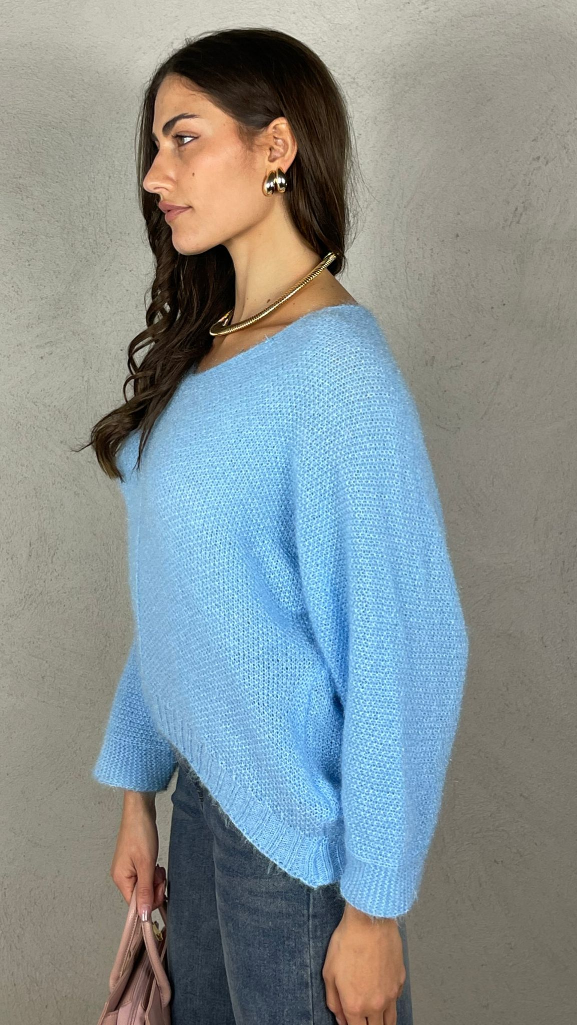 Pullover effetto Mohair scollo V|Colore:Celeste