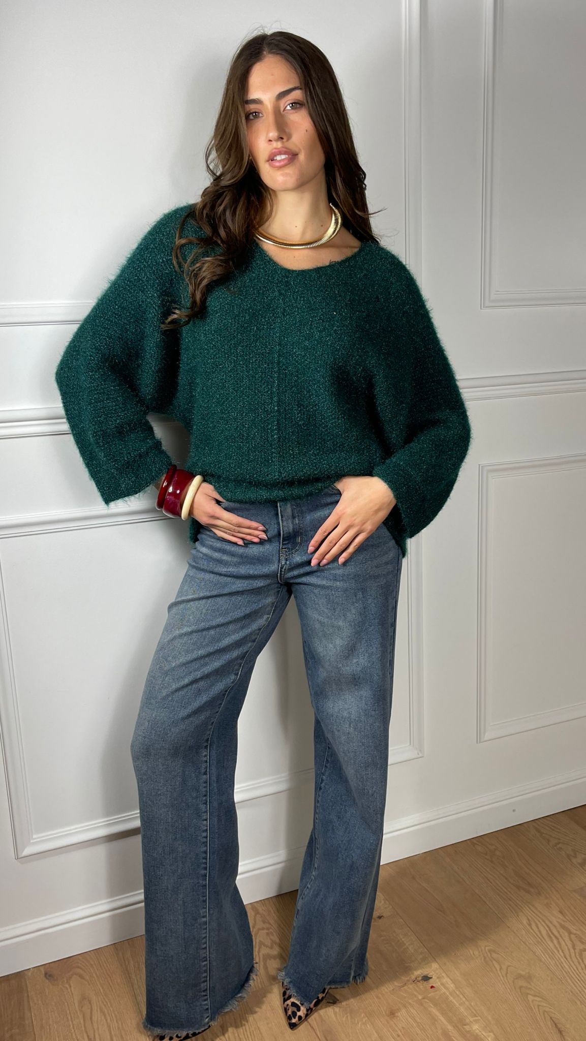 Pullover effetto Mohair scollo V|Colore:Verde bosco