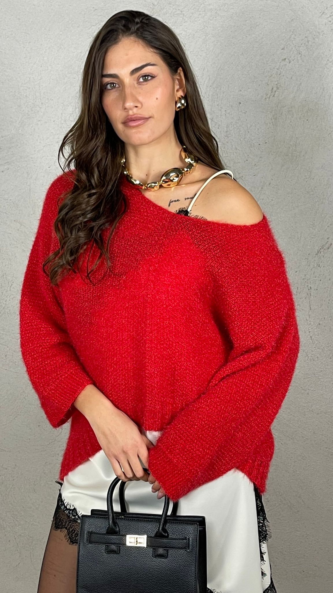 Pullover effetto Mohair scollo V|Colore:Rosso