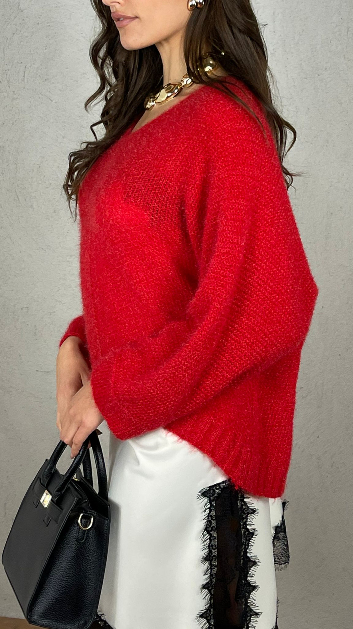 Pullover effetto Mohair scollo V|Colore:Rosso