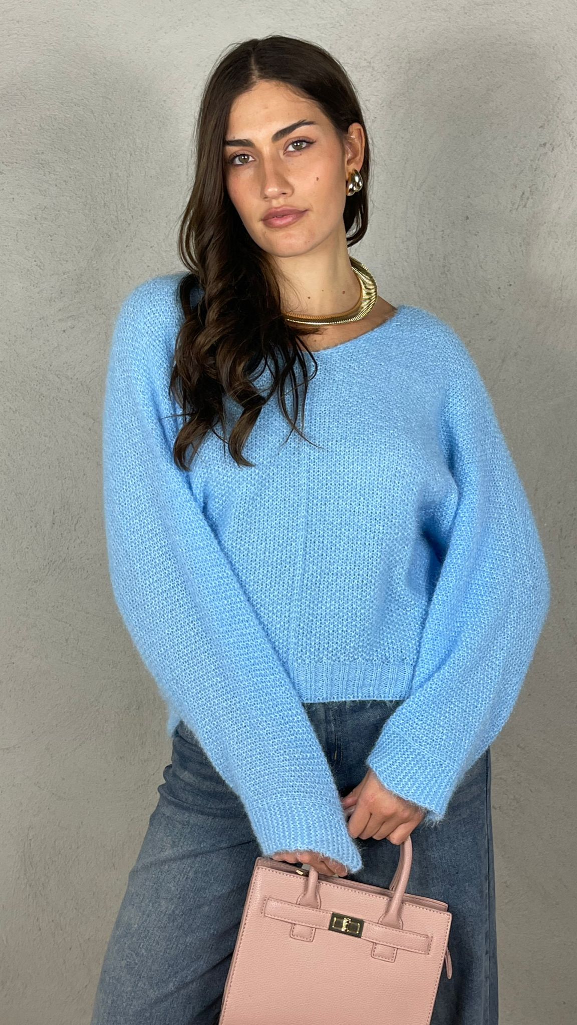 Pullover effetto Mohair scollo V|Colore:Celeste