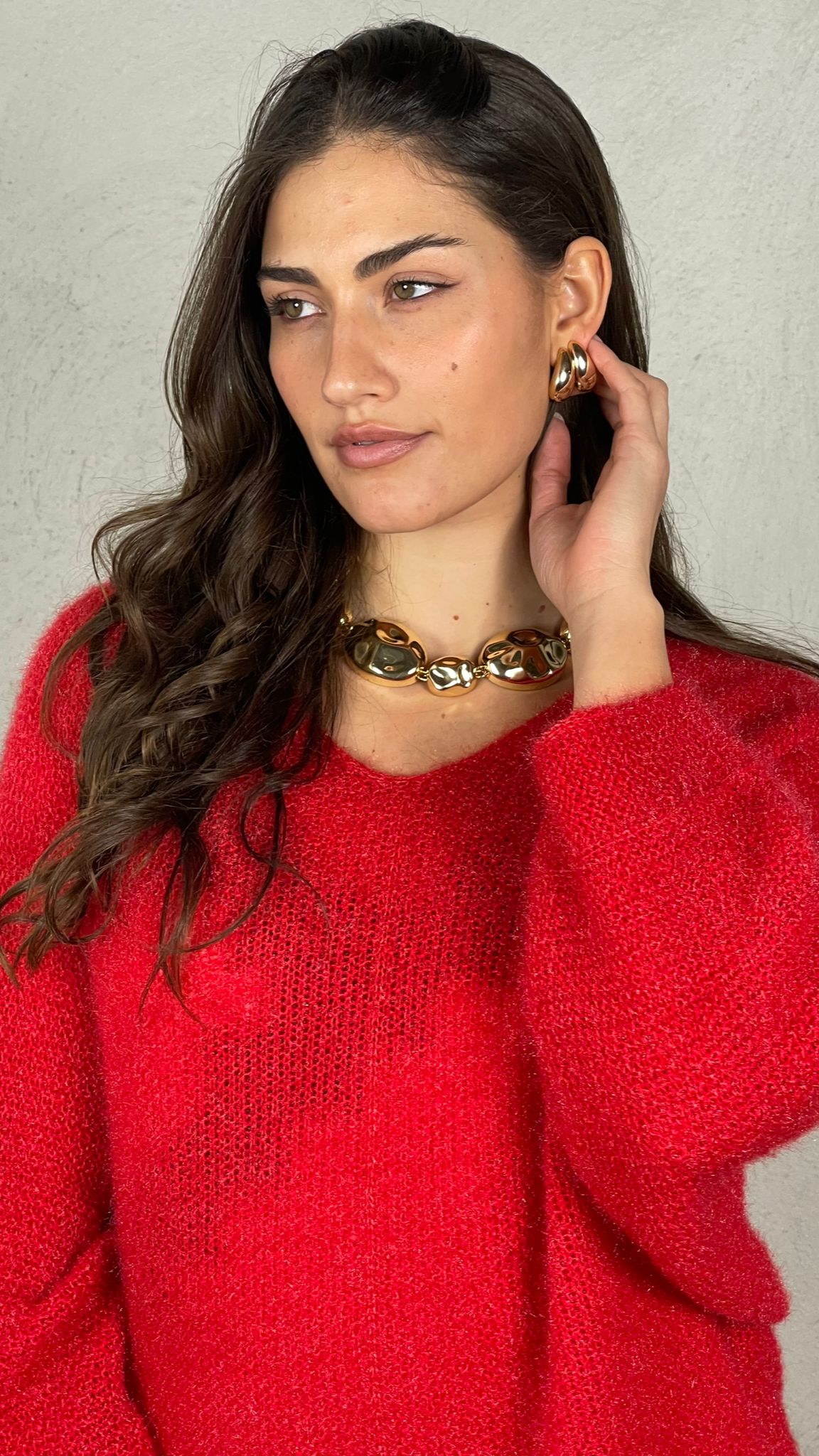 Pullover effetto Mohair scollo V|Colore:Rosso