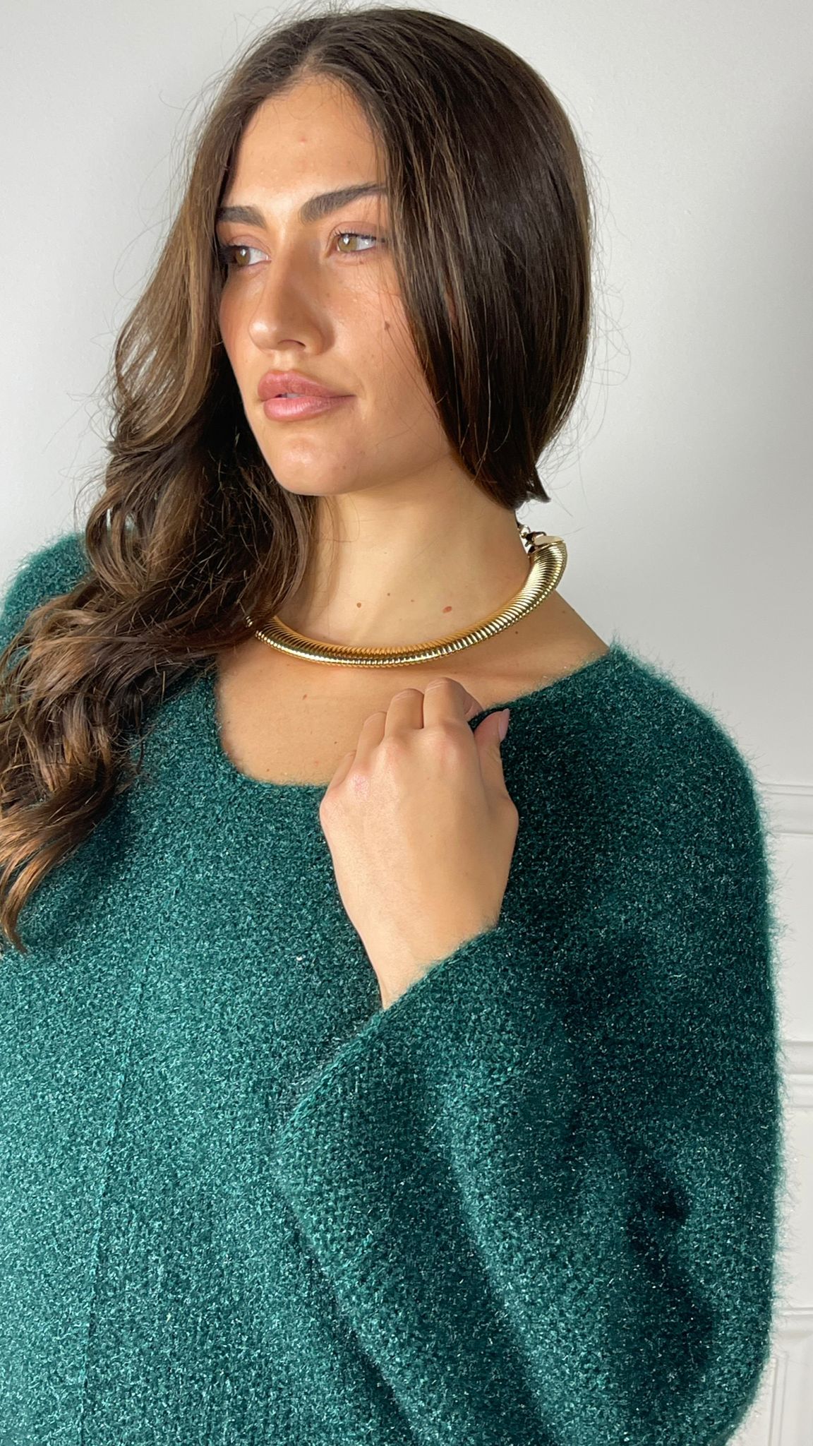 Pullover effetto Mohair scollo V|Colore:Verde bosco
