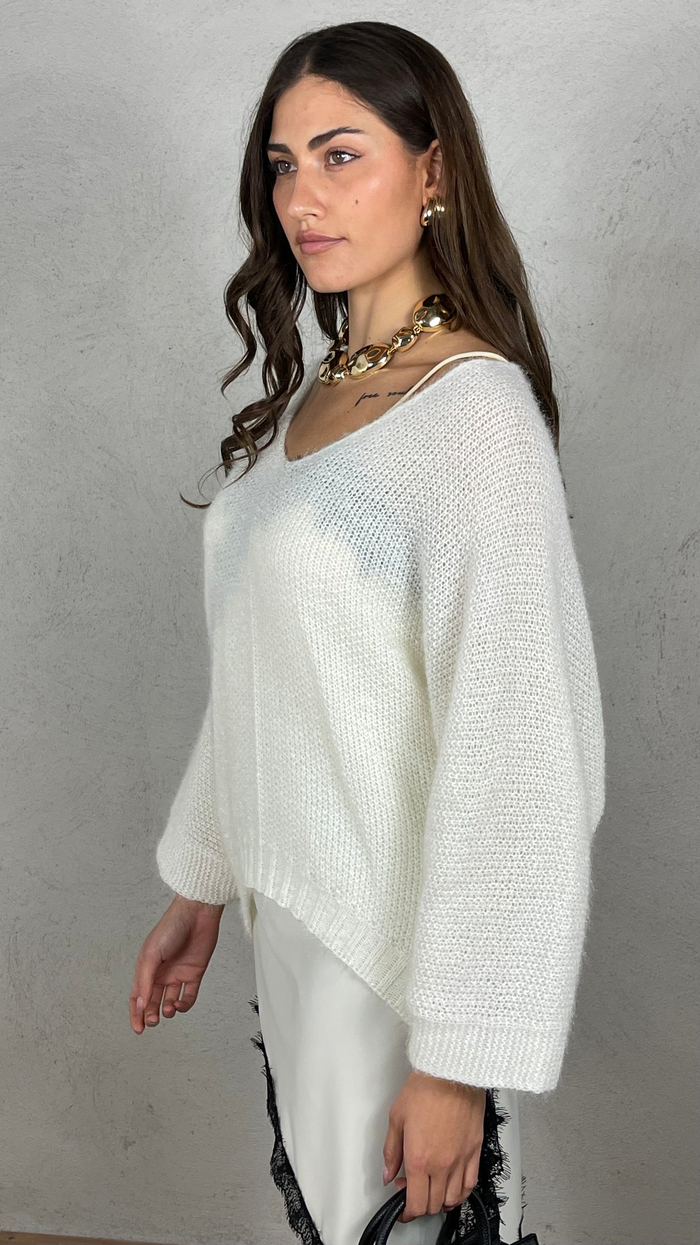 Pullover effetto Mohair scollo V|Colore:Bianco