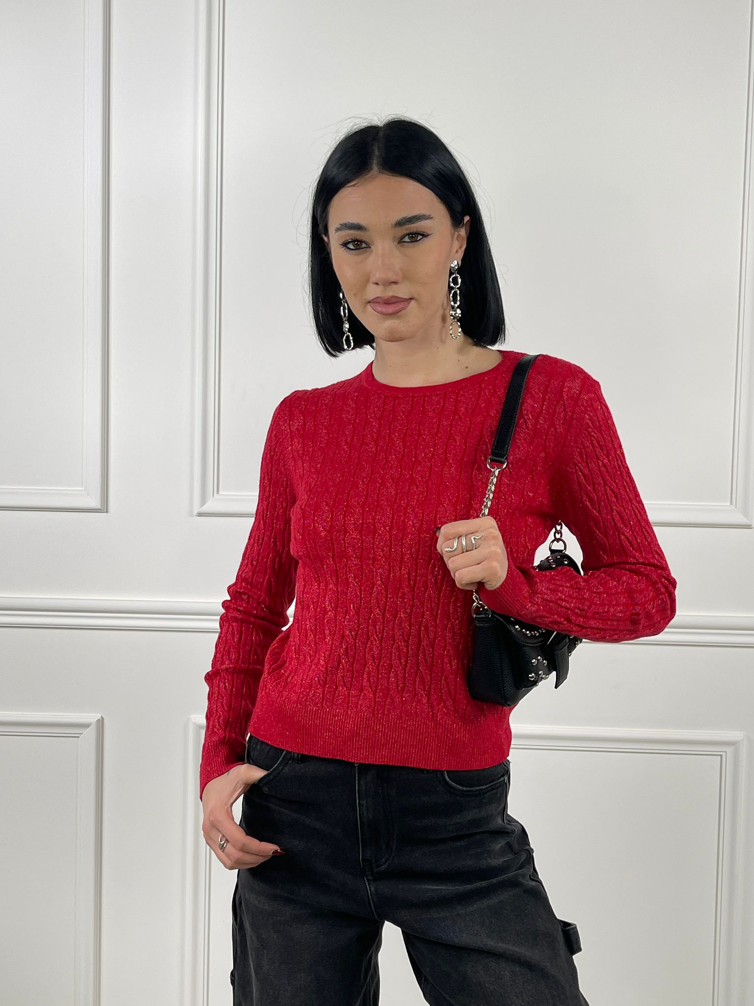 Maglia treccia lurex girocollo