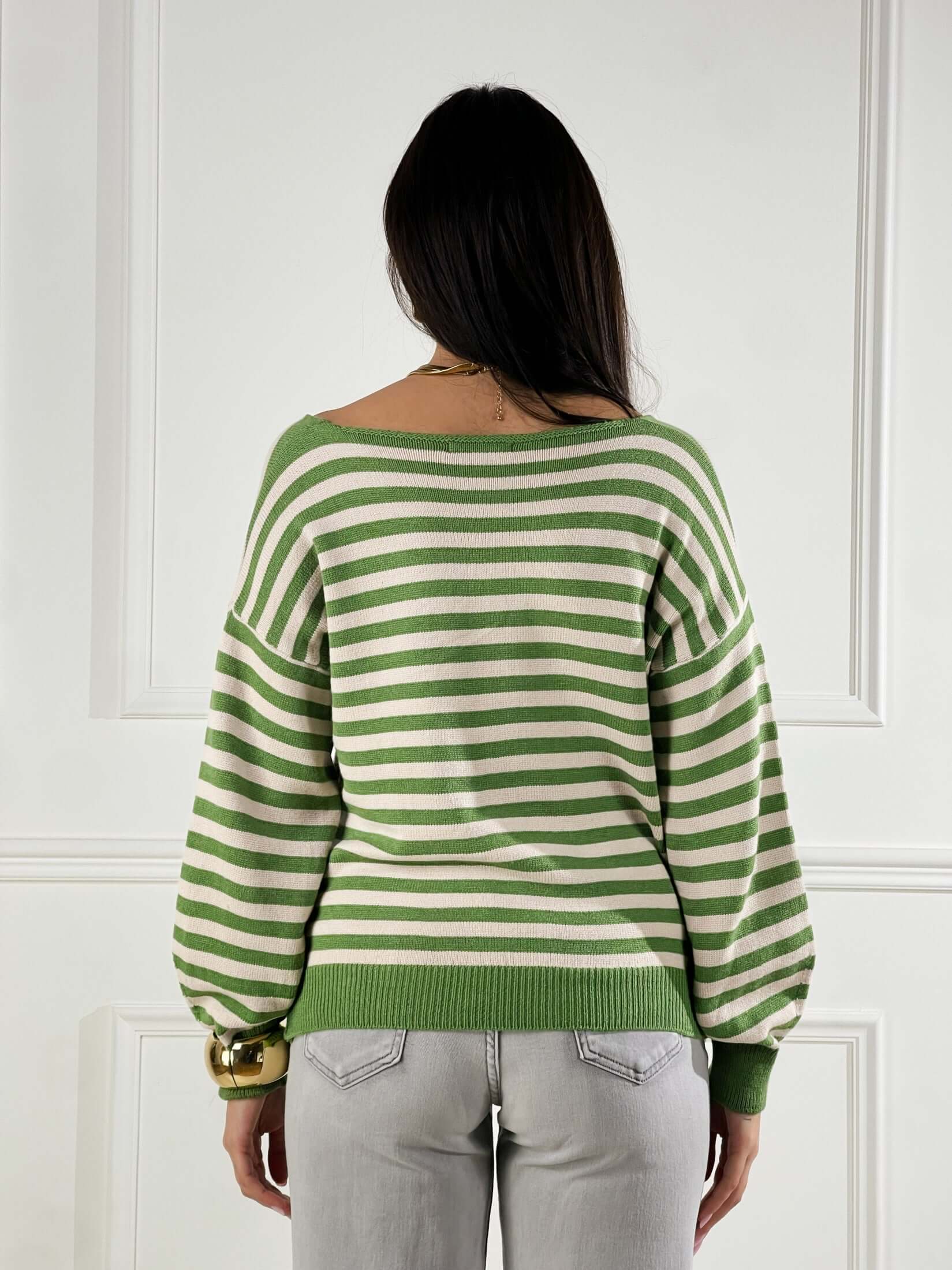 Maglia scollo V a righe|Colore:Beige/verde