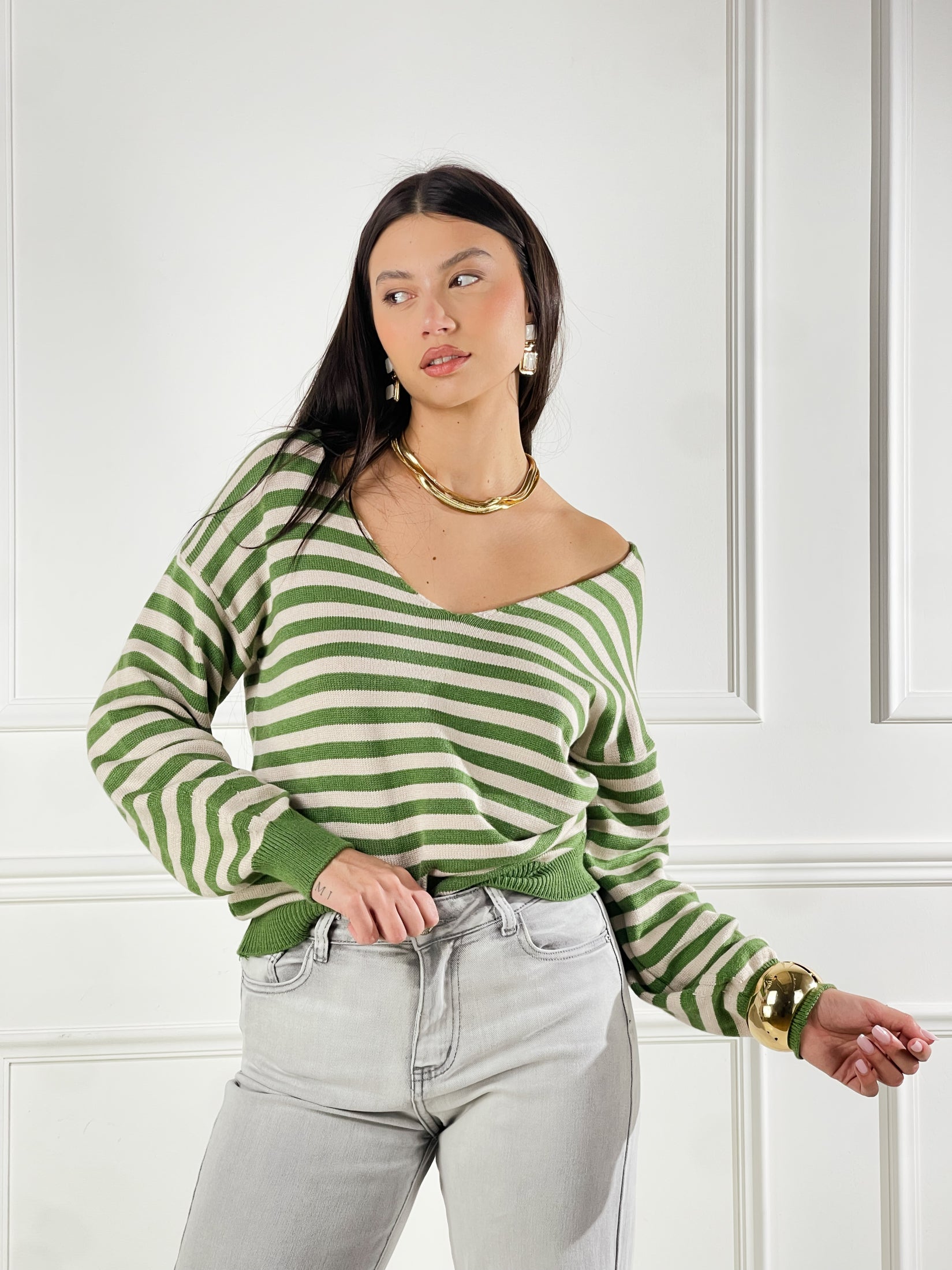 Maglia scollo V a righe|Colore:Beige/verde