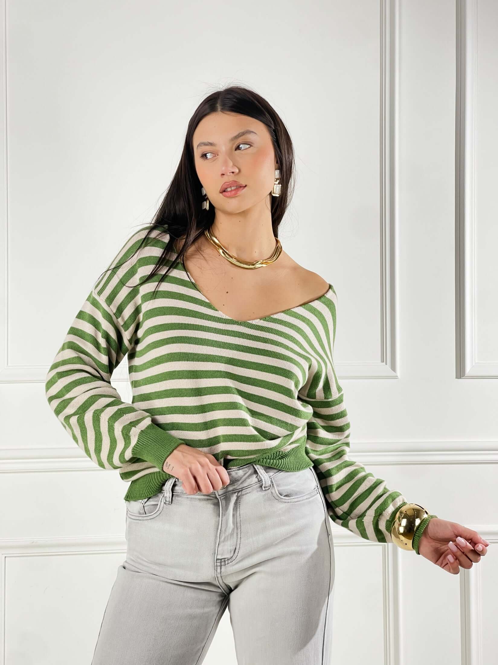 Maglia scollo V a righe|Colore:Beige/verde