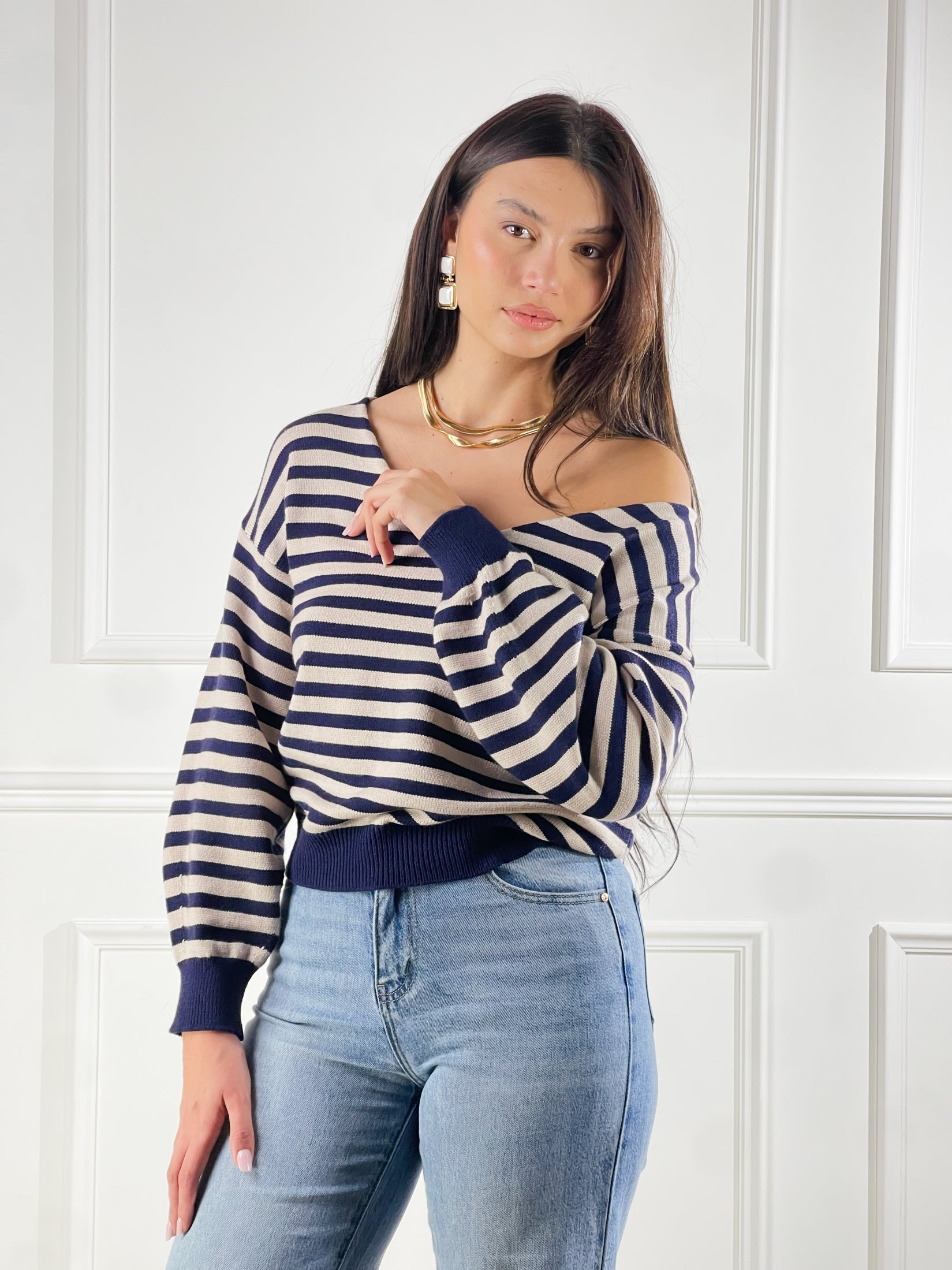 Maglia scollo V a righe|Colore:Beige/blue