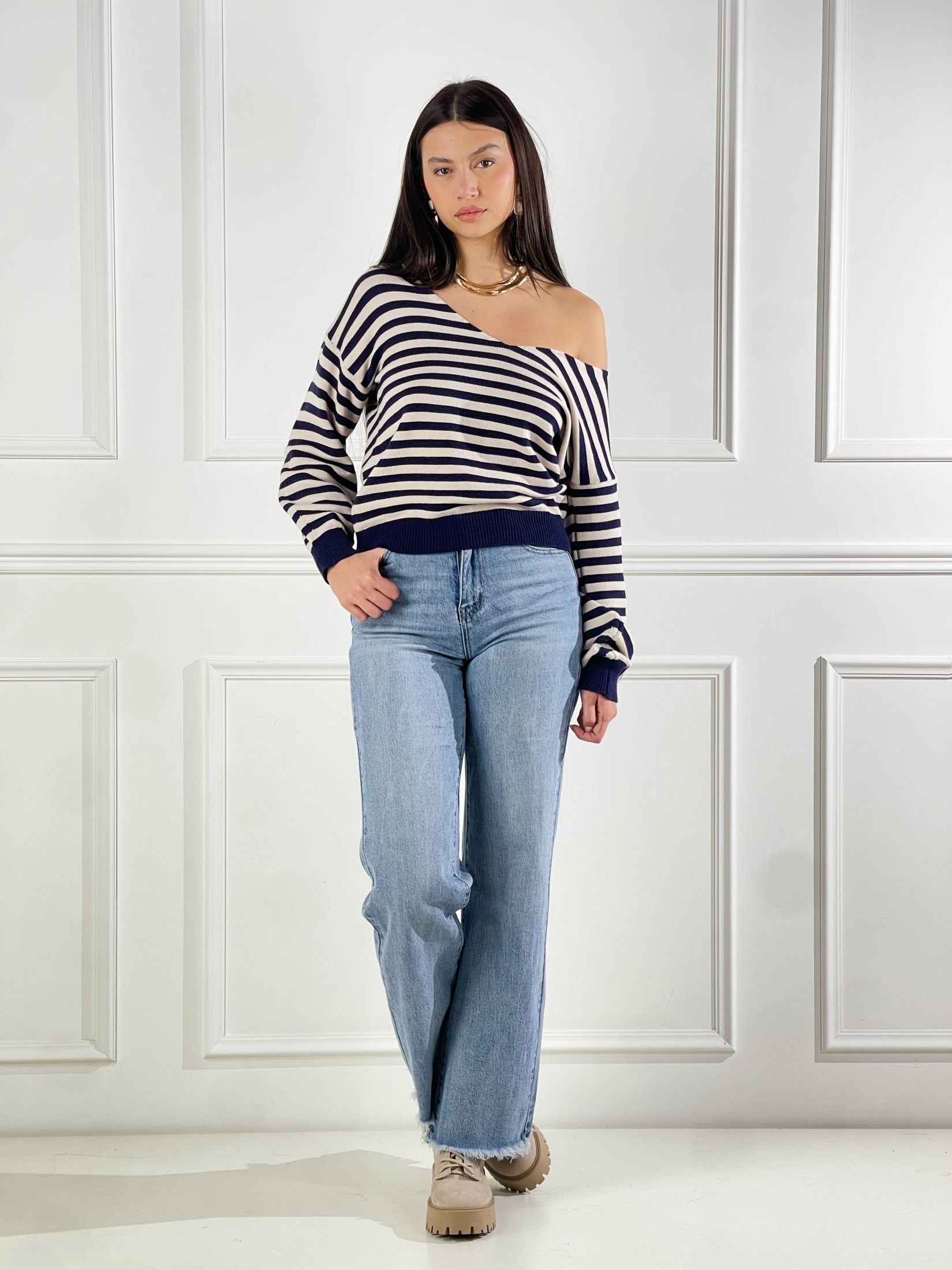 Maglia scollo V a righe|Colore:Beige/blue