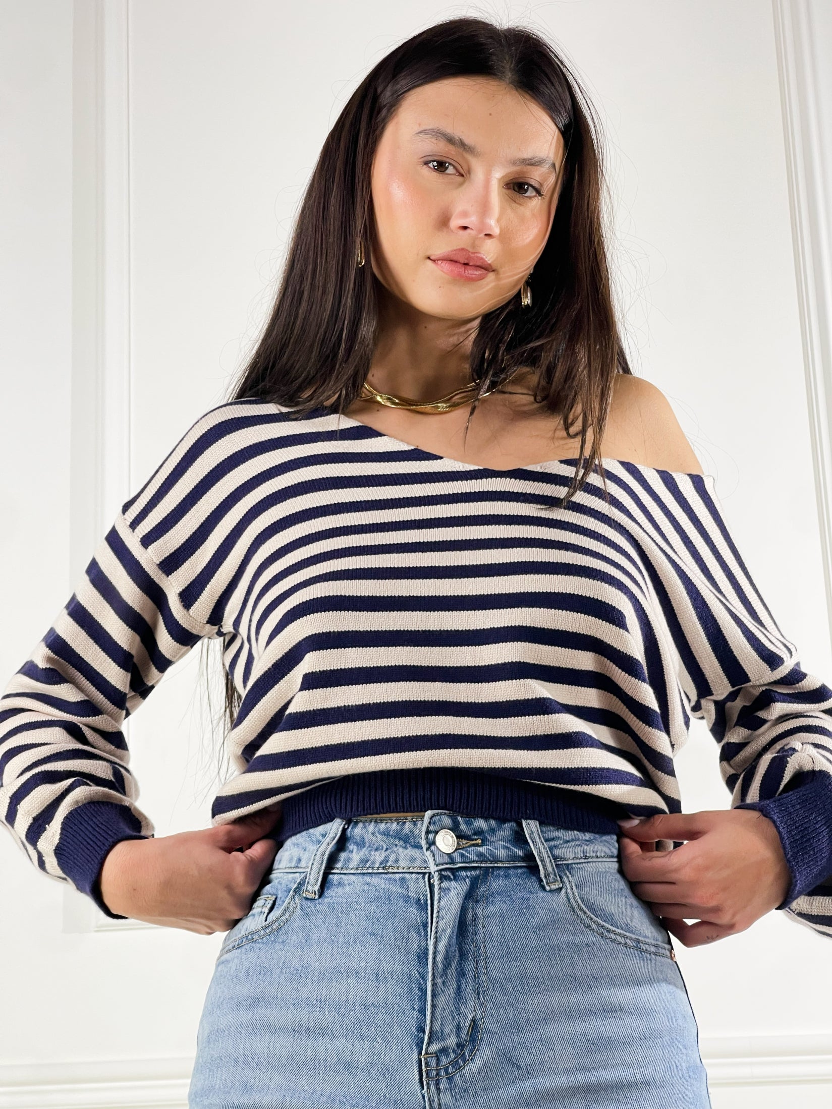 Maglia scollo V a righe|Colore:Beige/blue