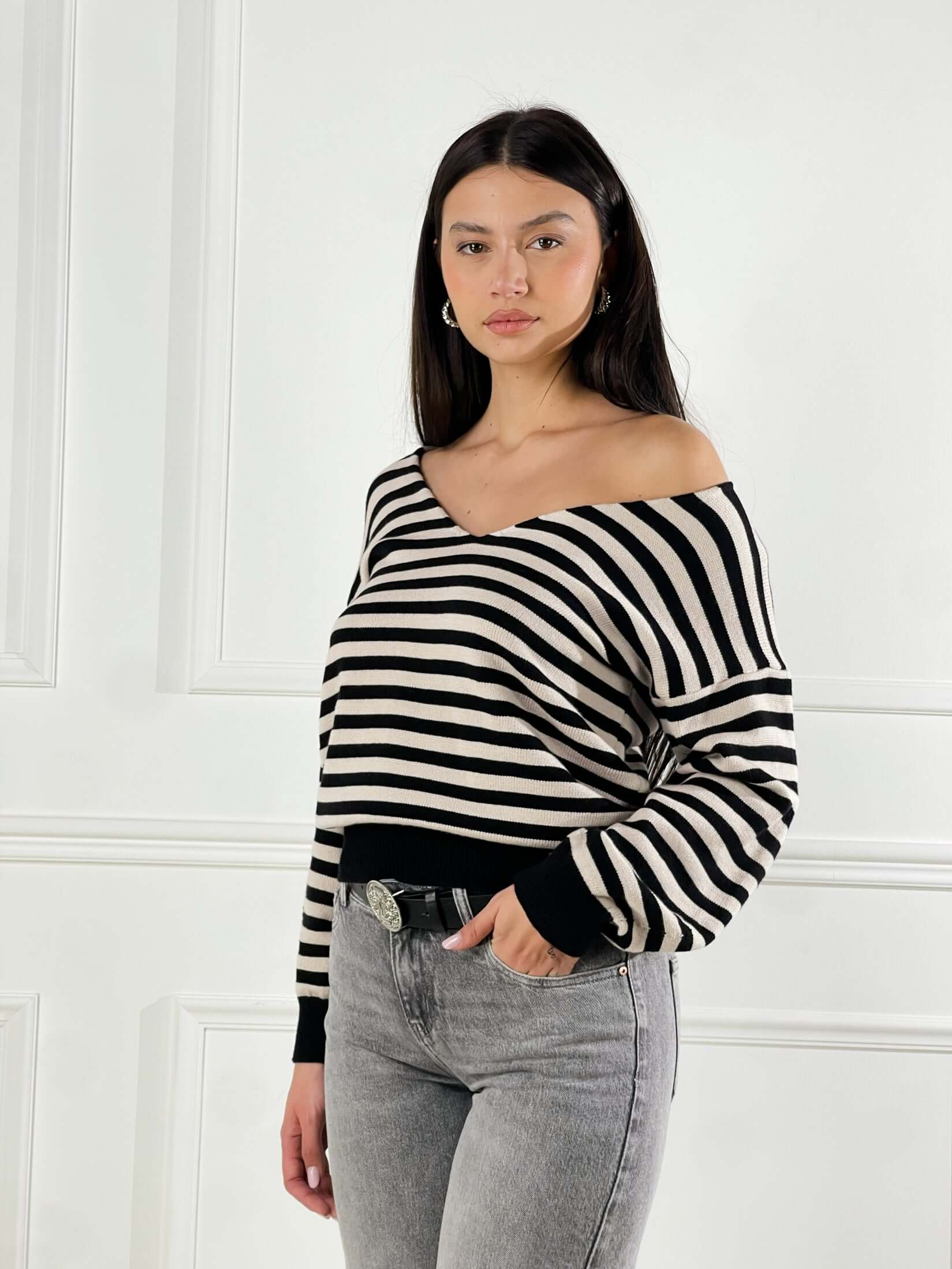Maglia scollo V a righe|Colore:Beige/nero