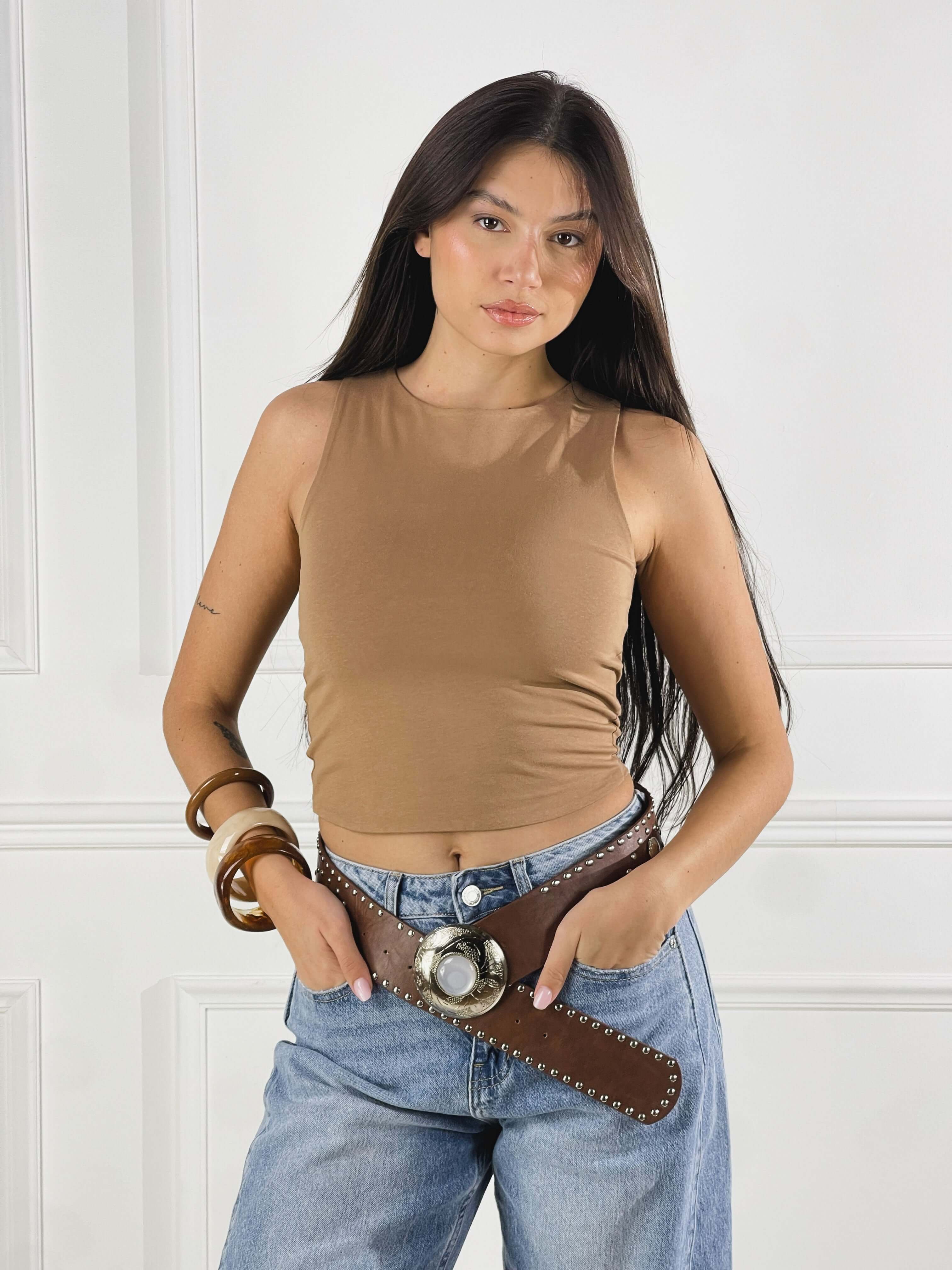 Top crop giromanica|Colore:Cammello