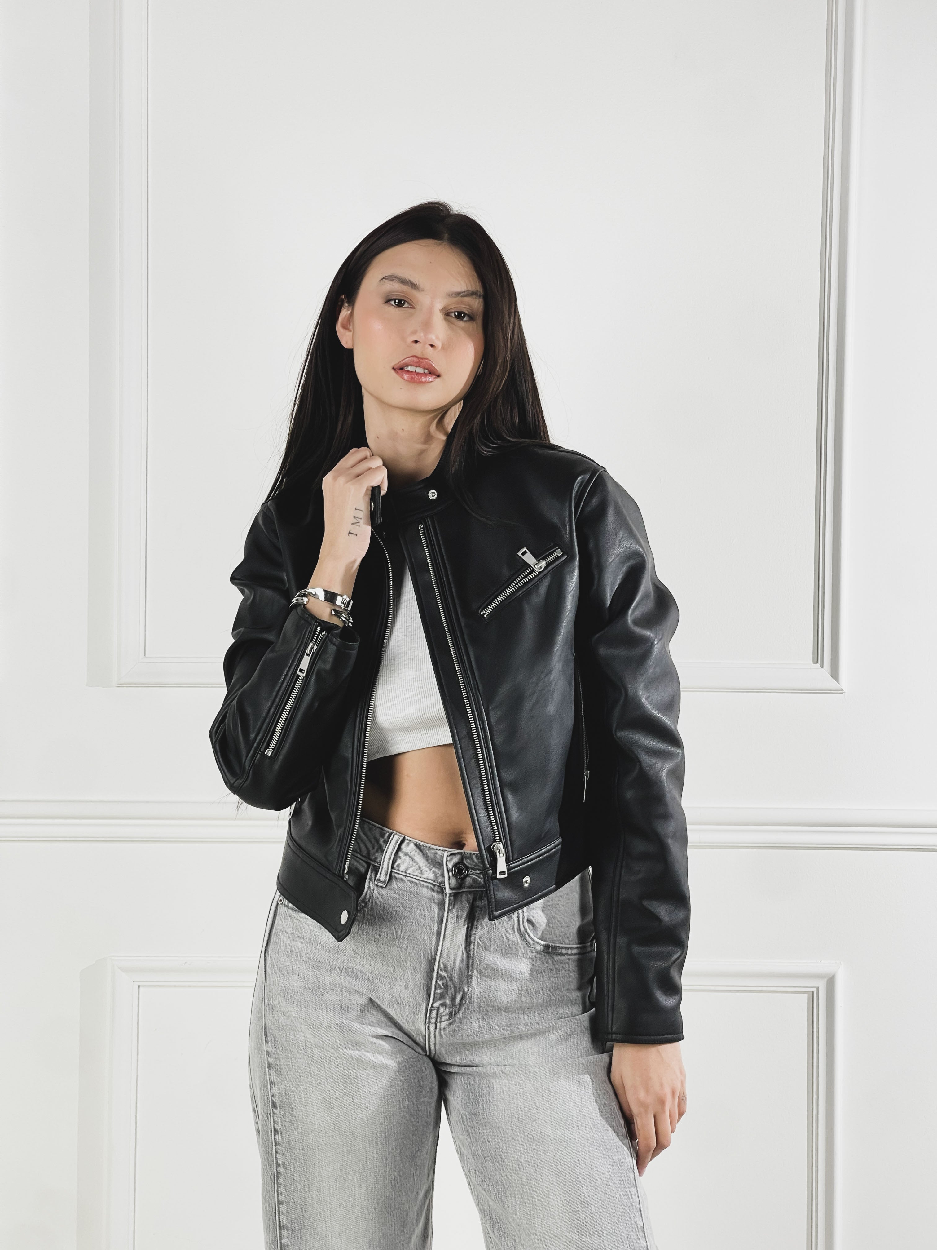 Giubbino Biker effetto pelle|Colore:Nero