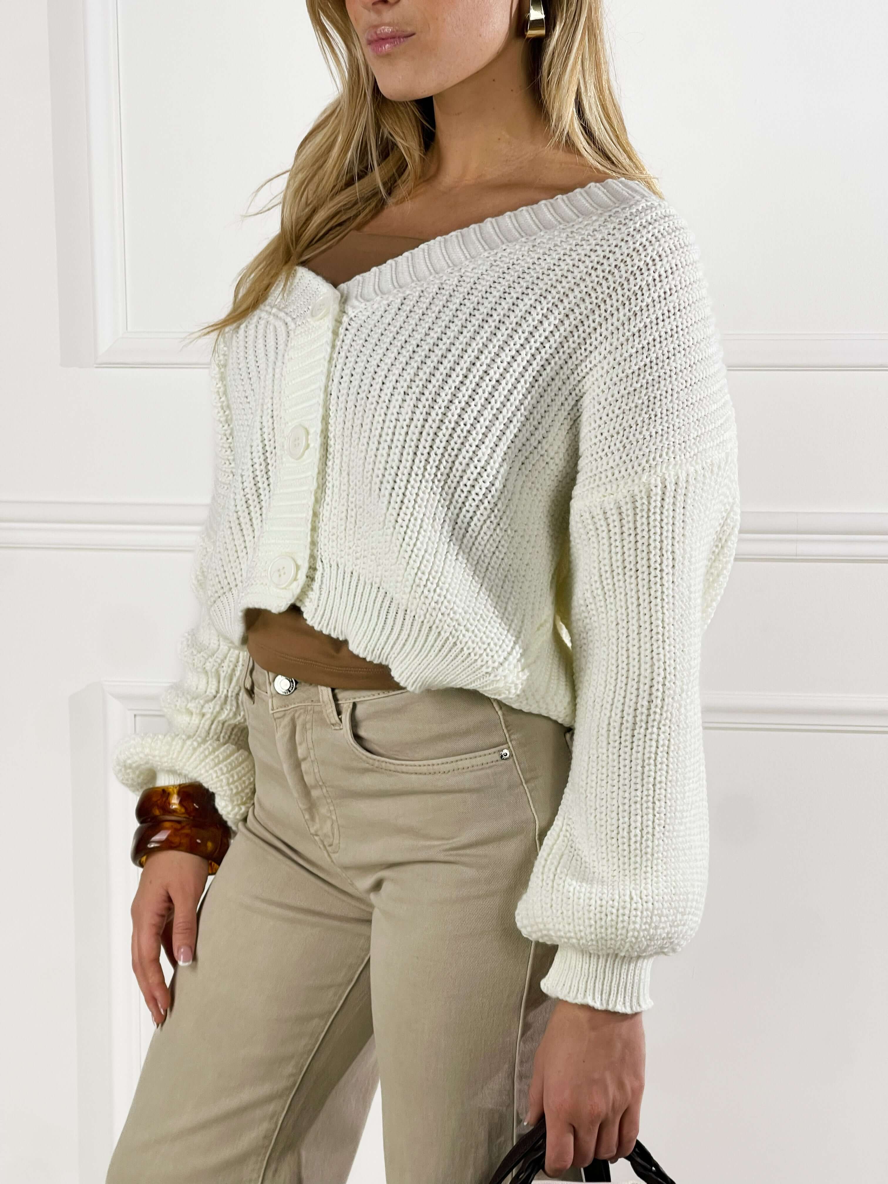 Cardigan scollo a V|Colore:Panna