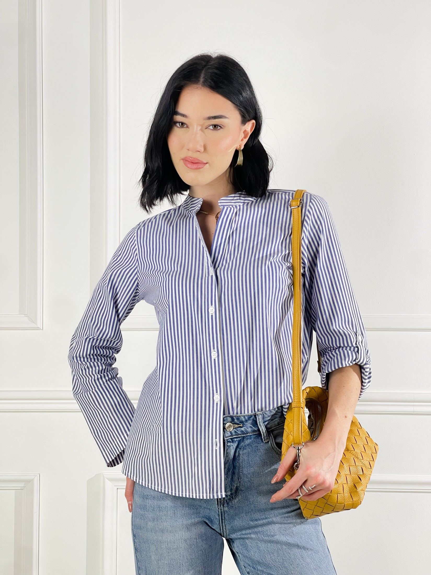 Camicia da donna in chiffon, senza colletto, in cinque pezzi, a maniche lunghe, per il tempo libero, per l'aerobica, a maniche a tromba, a 3/4, elegante top da donna, bianco, S Camicia da donna in chiffon, senza colletto, in cinque pezzi, a maniche lunghe, per il tempo libero, per l'aerobica, a maniche a tromba, a 3/4, elegante top da donna, bianco, S