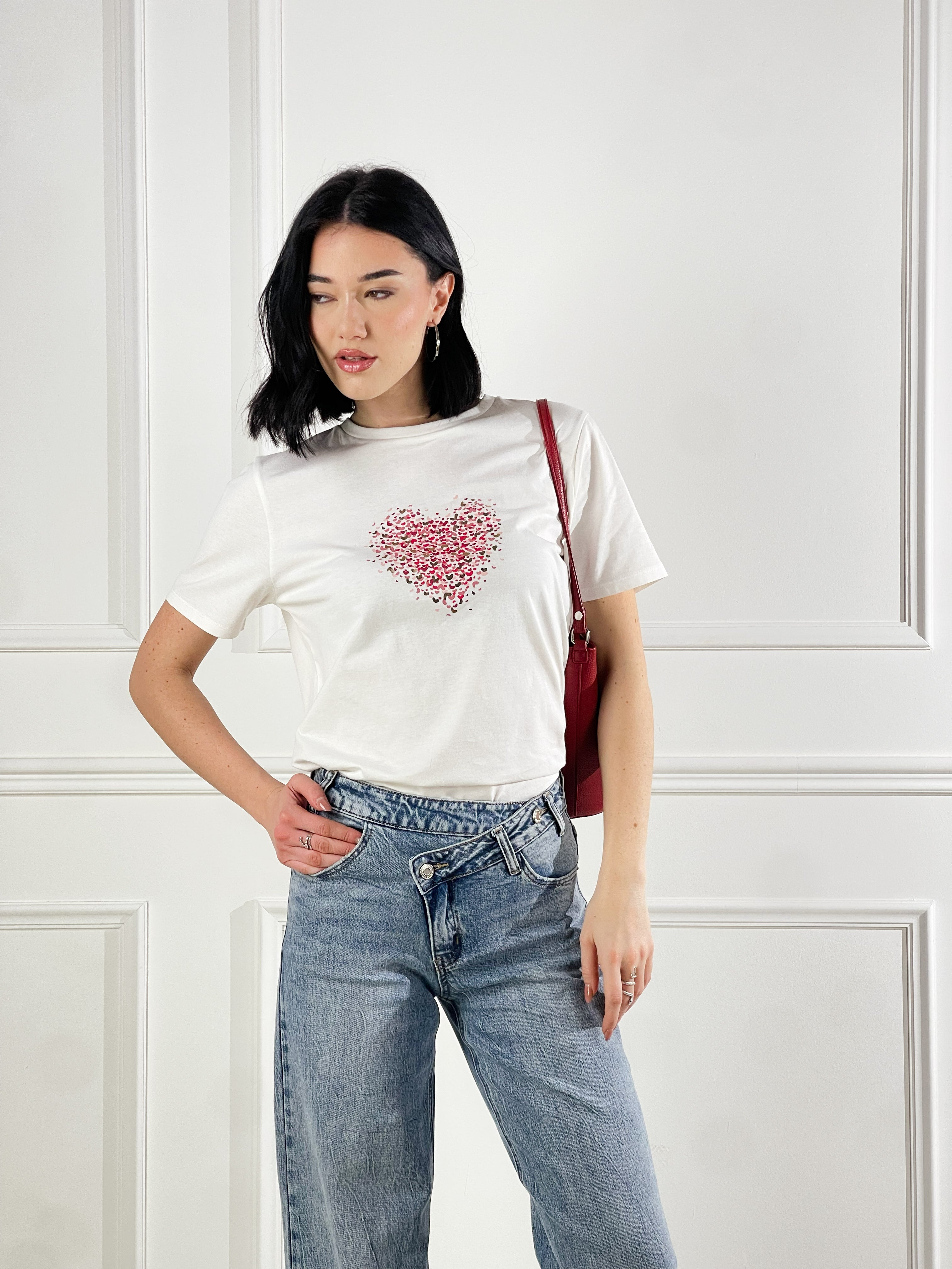 T-Shirt micro cuoricini|Colore:Bianco latte