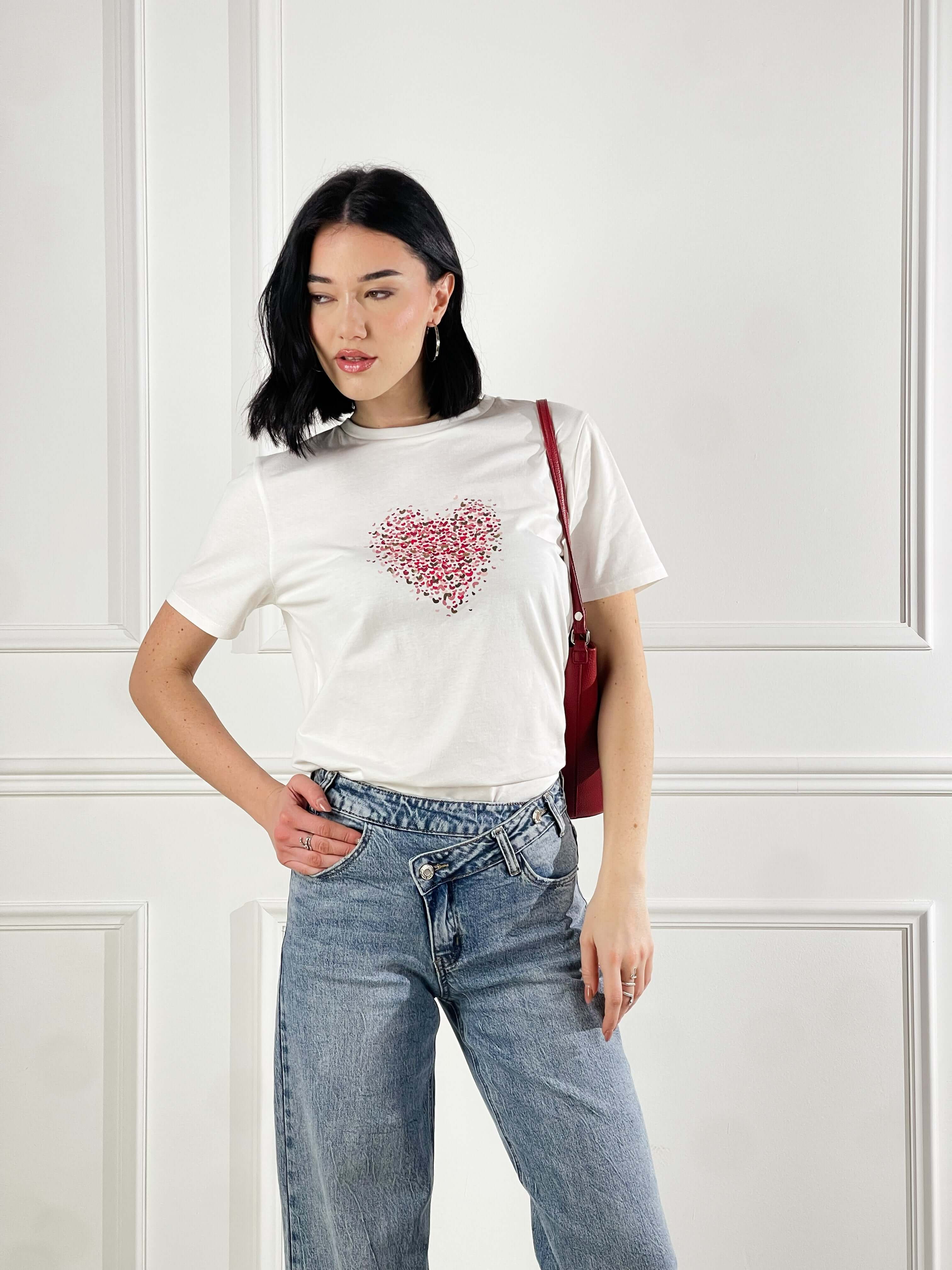 T-Shirt micro cuoricini|Colore:Bianco latte