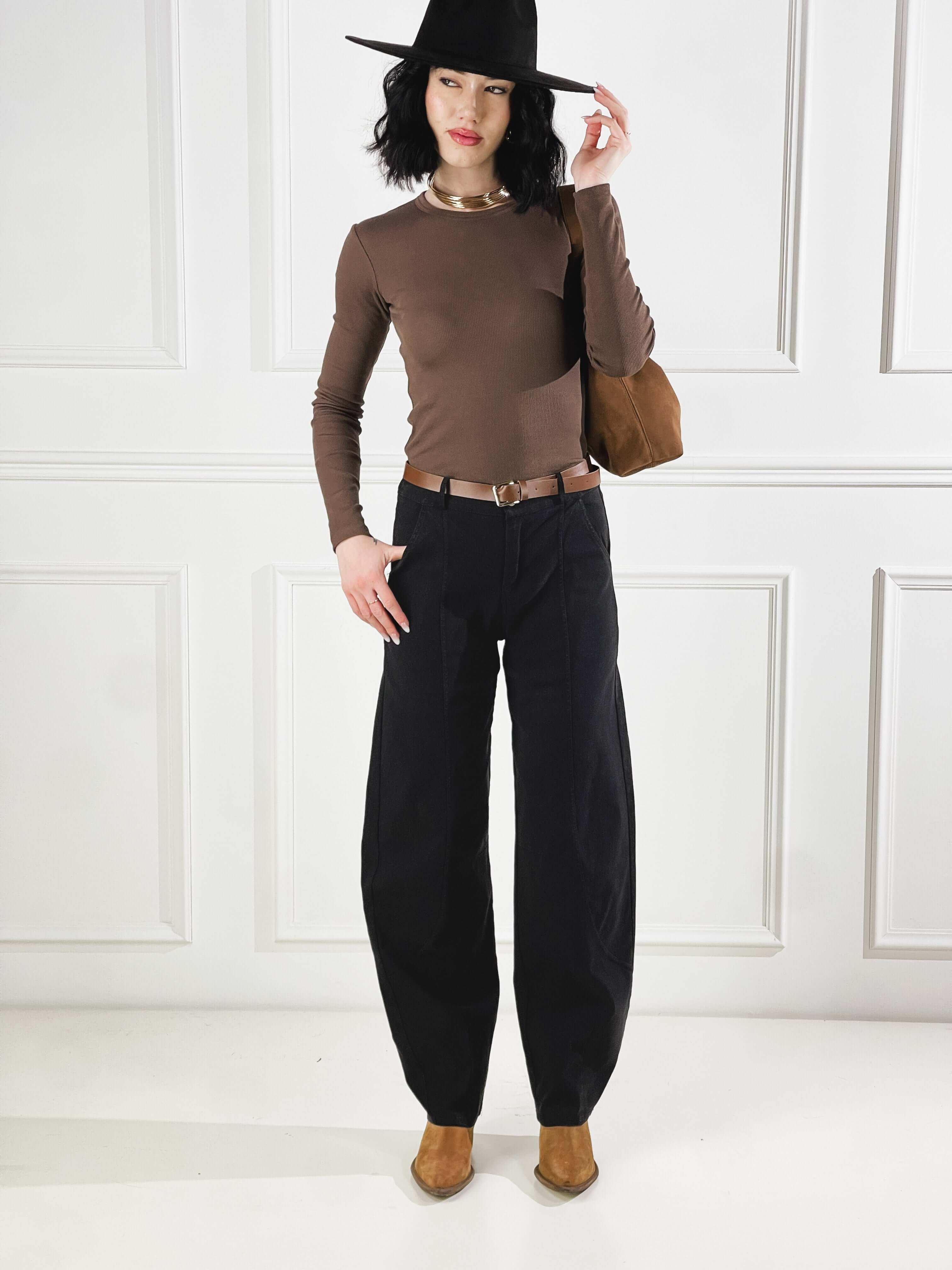 Pantalone Barrel colorato con cinta|Colore:Nero