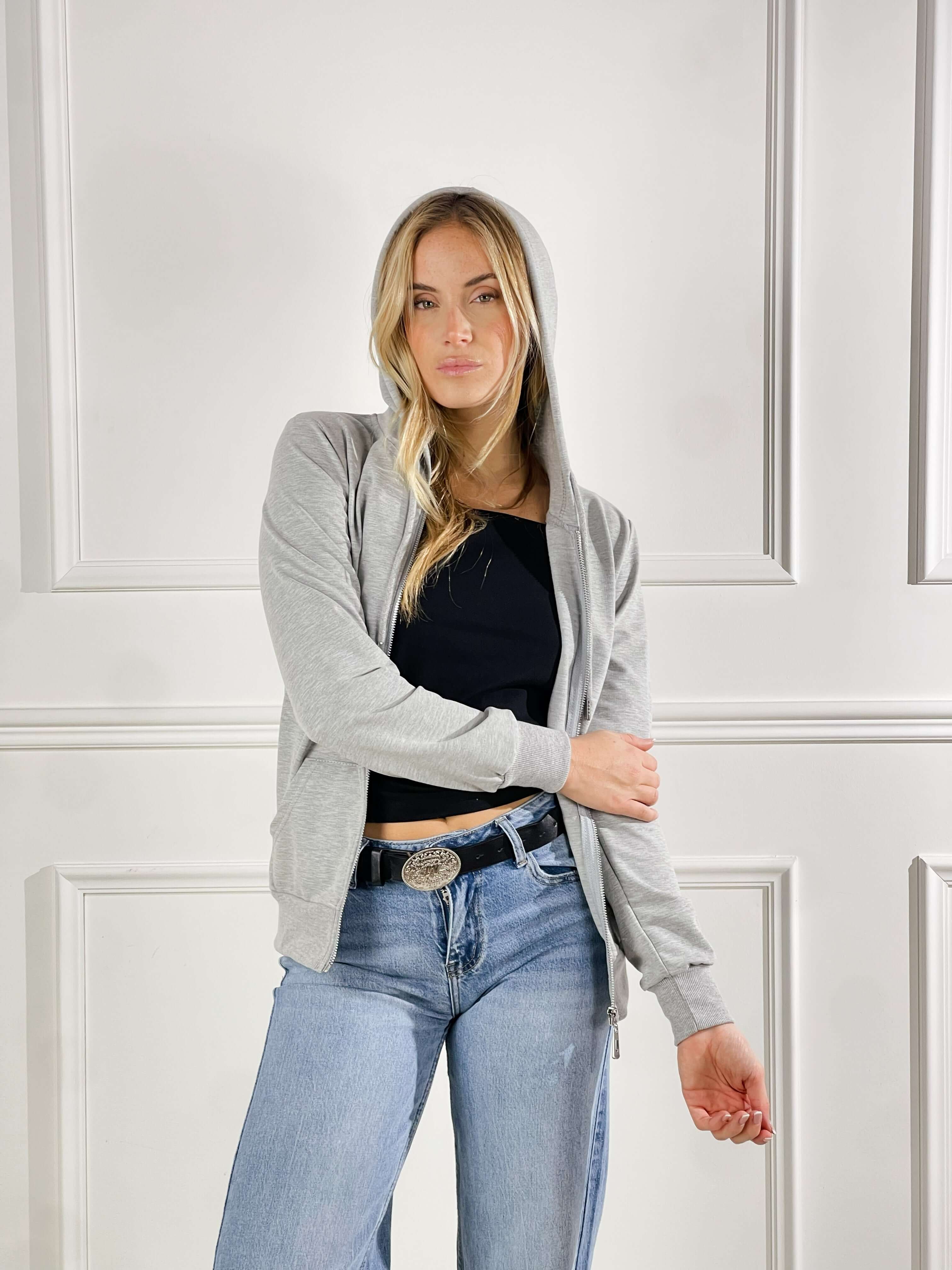 felpa Basic con cappuccio e zip|Colore:Grigio