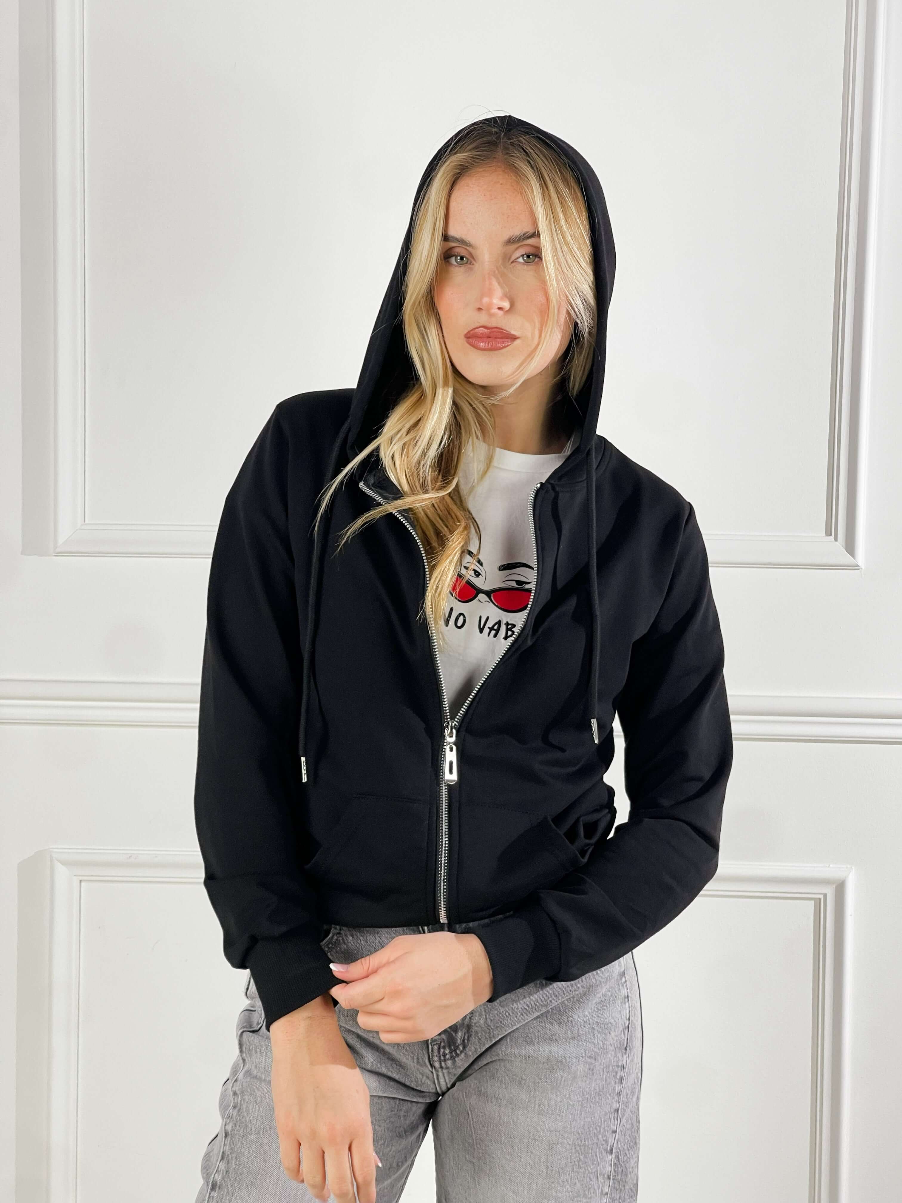 felpa Basic con cappuccio e zip|Colore:Nero
