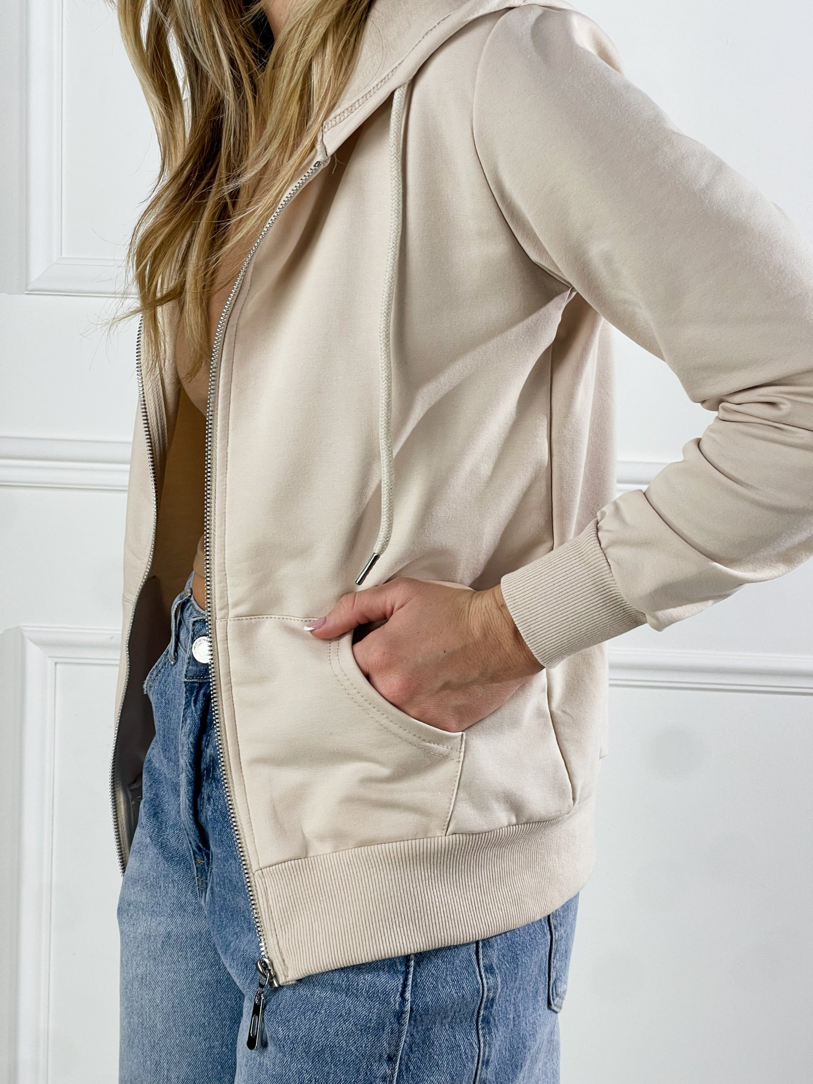 felpa Basic con cappuccio e zip|Colore:Sabbia