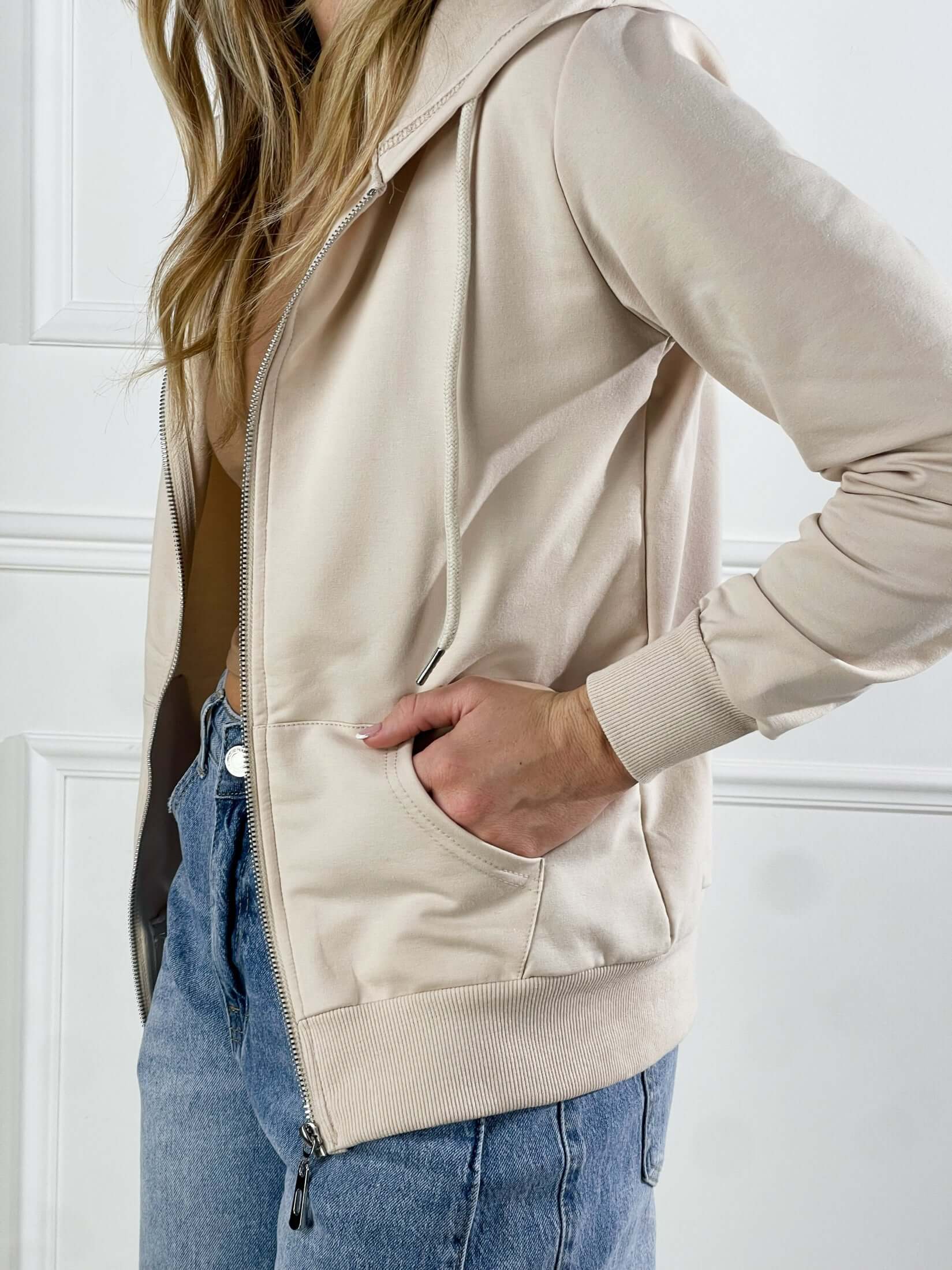 felpa Basic con cappuccio e zip|Colore:Sabbia