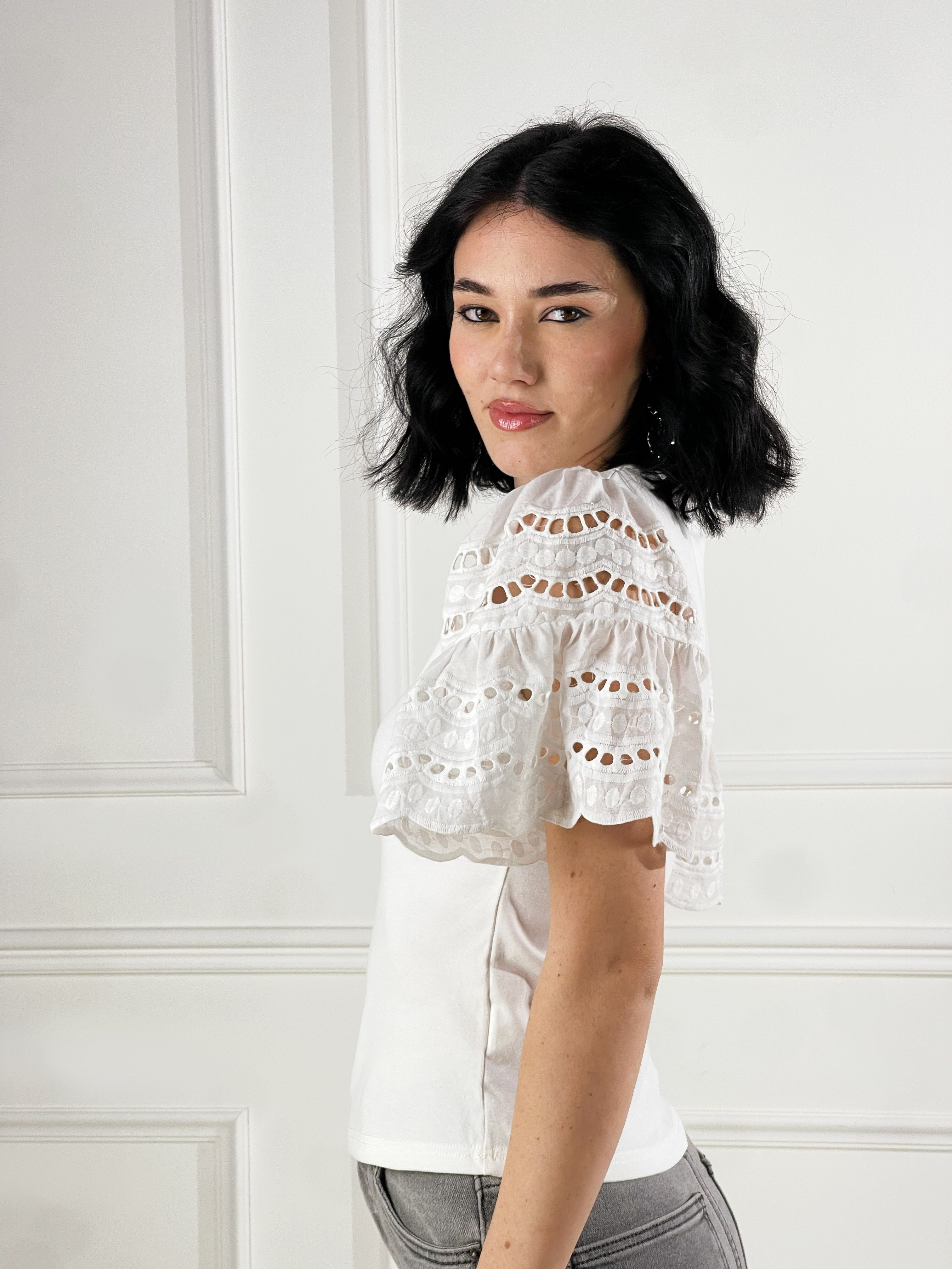 T-shirt manica in pizzo san gallo|Colore:Bianco