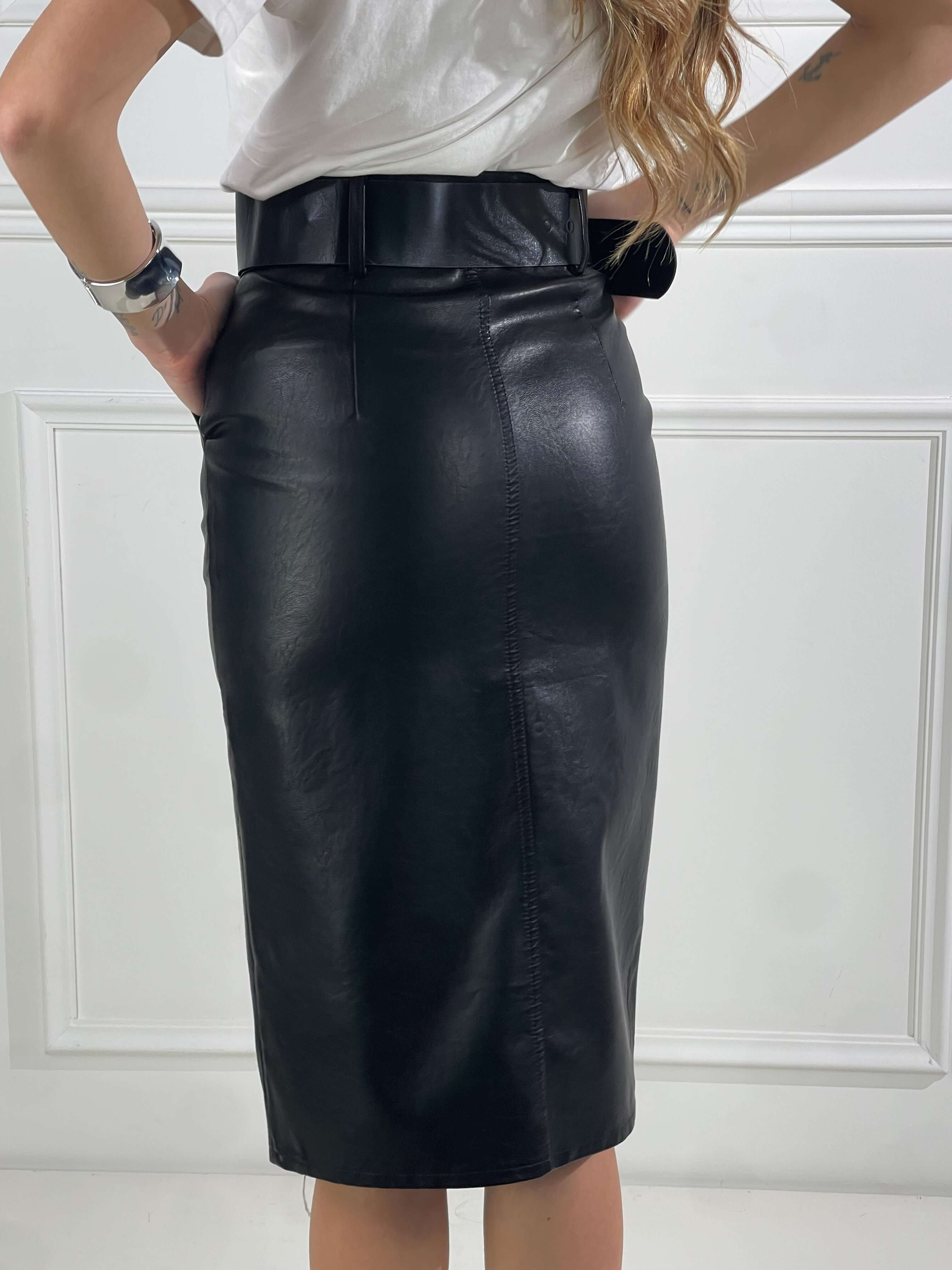 Gonna effetto ecopelle longuette|Colore:Nero