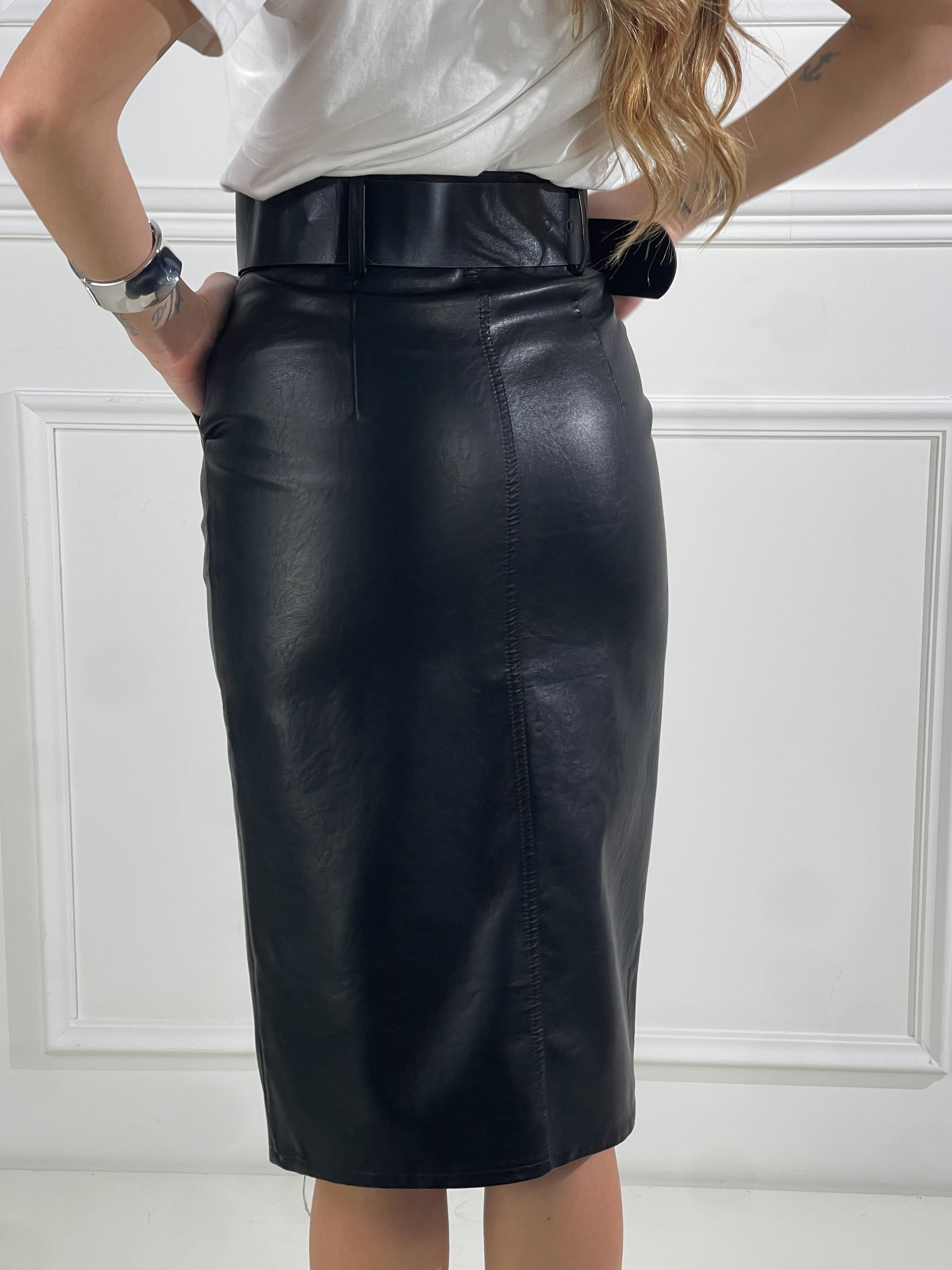 Gonna effetto ecopelle longuette|Colore:Nero