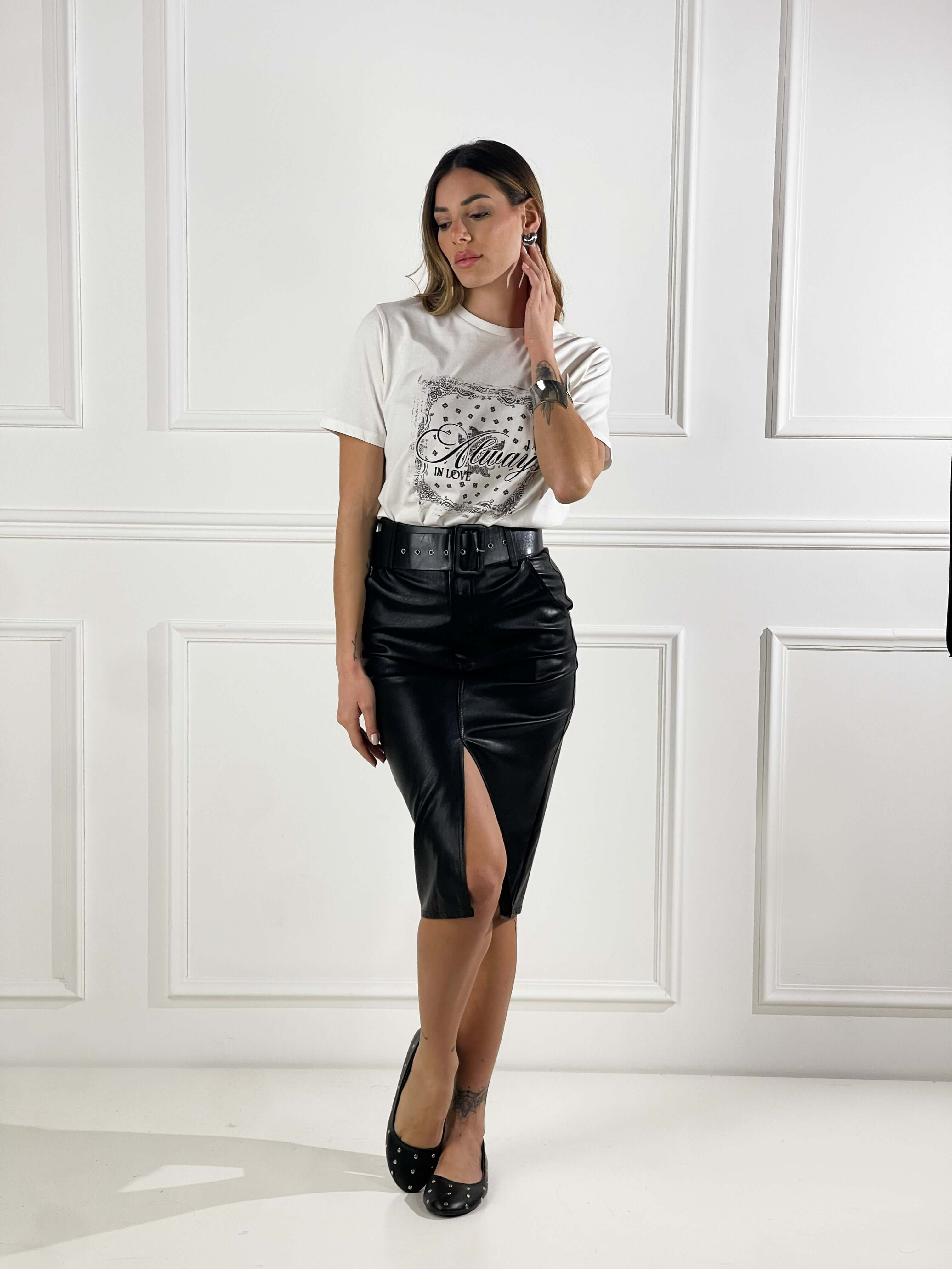 Gonna effetto ecopelle longuette|Colore:Nero