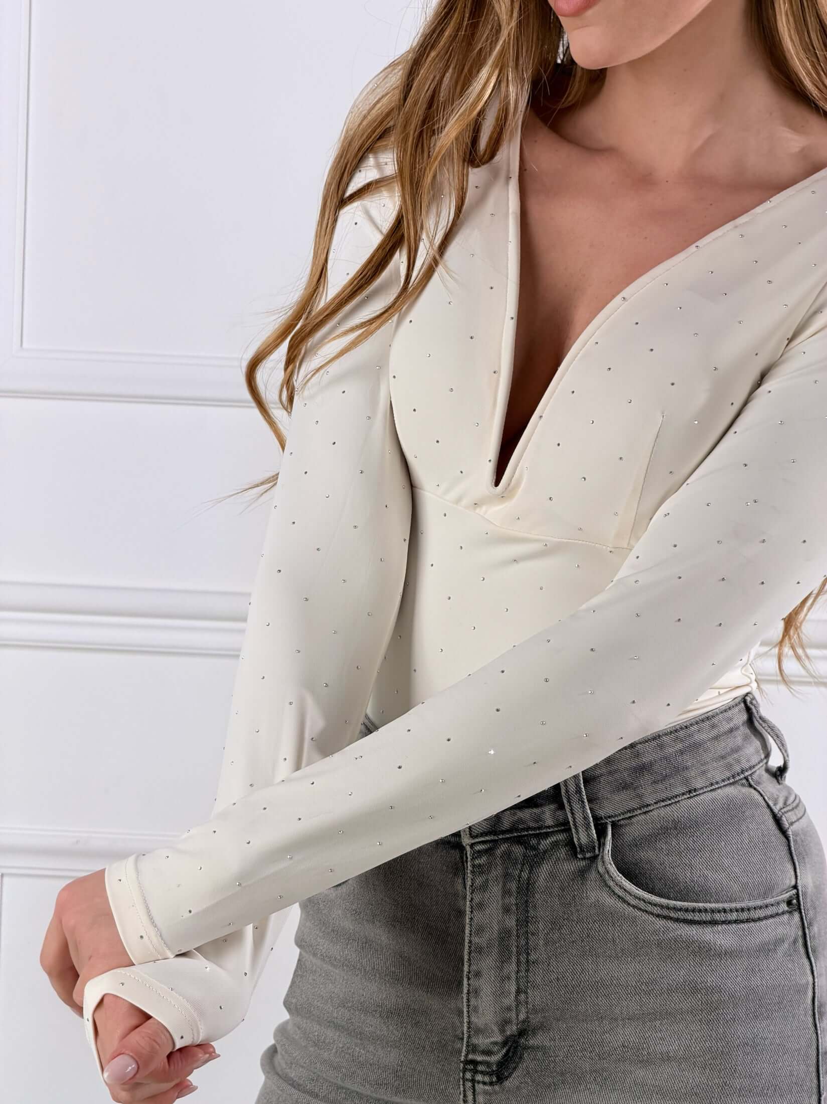 Body scollo a cuore con micro strass|Colore:Bianco
