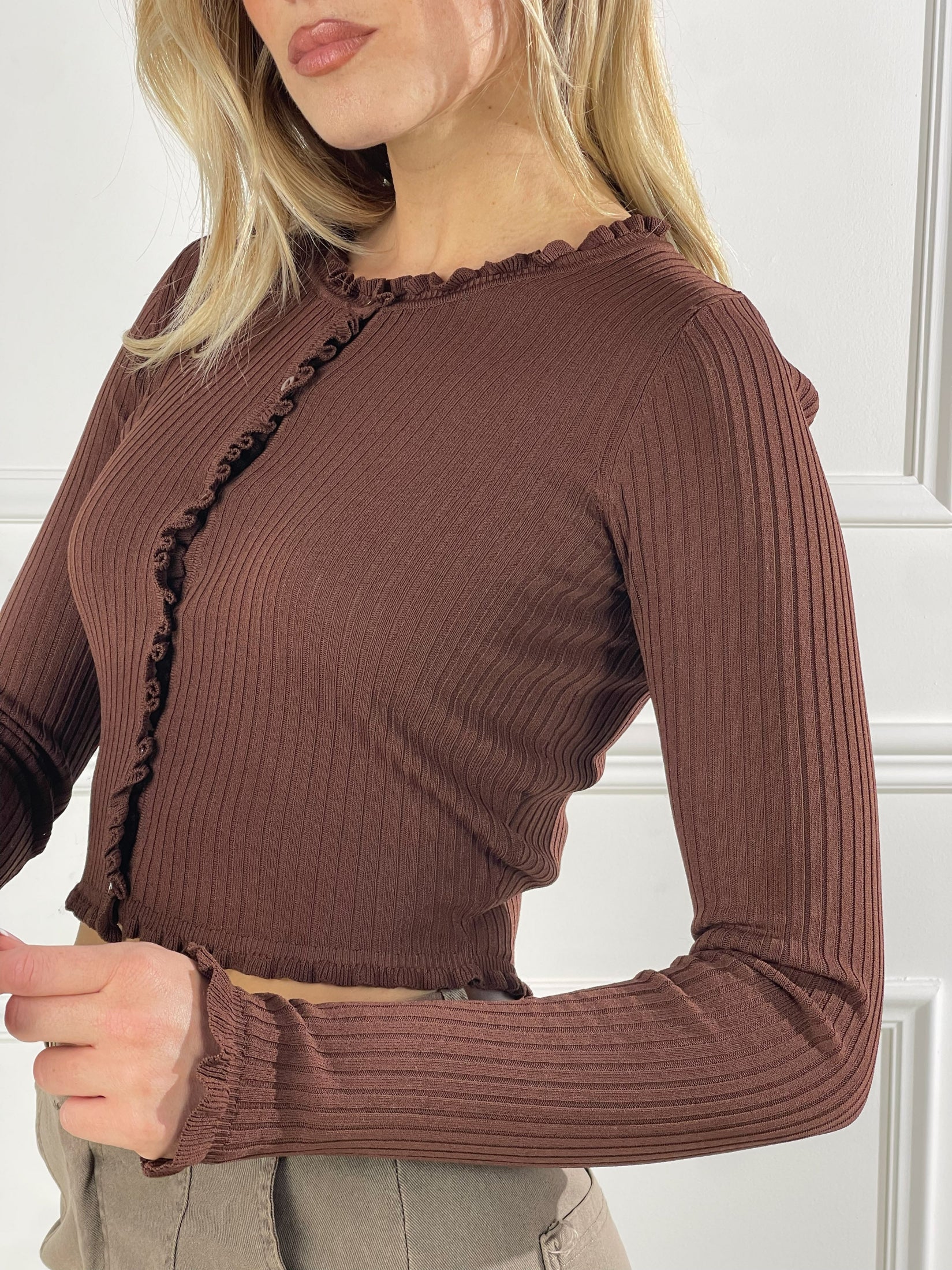 Cardigan crop con smerlo|Colore:Nocciola