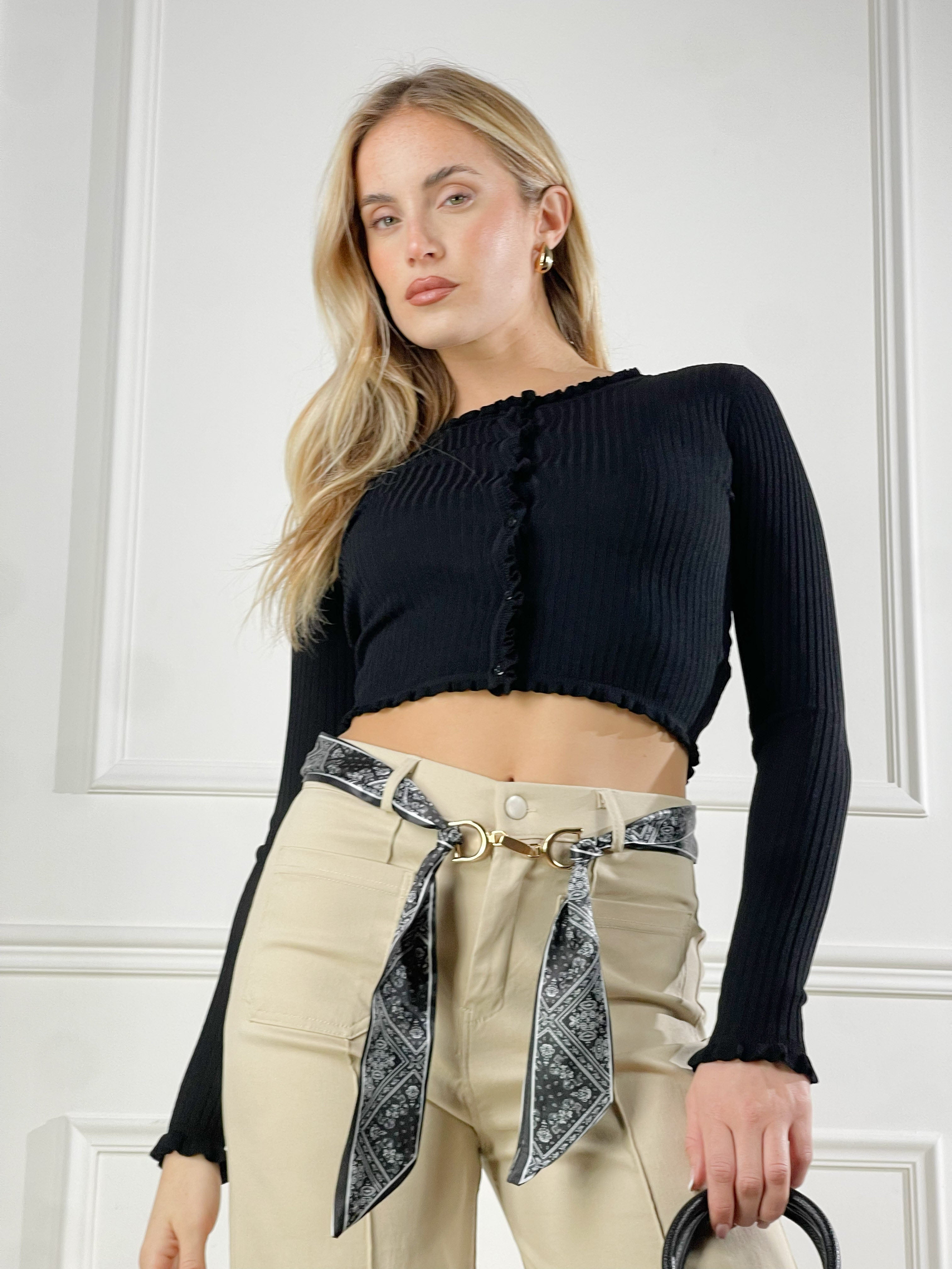 Cardigan crop con smerlo|Colore:Nero