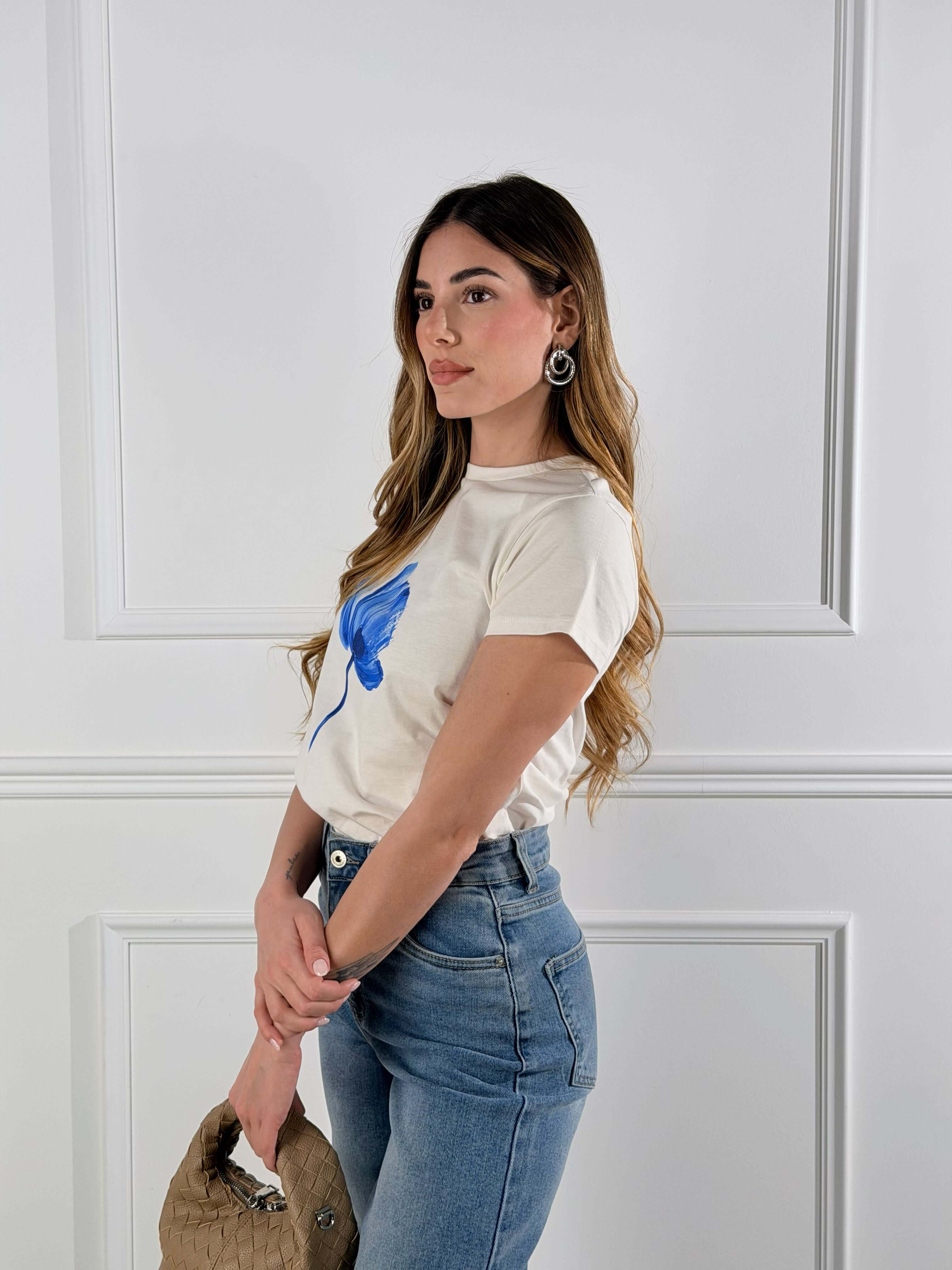 T shirt fiore blu|Colore:Bianco latte