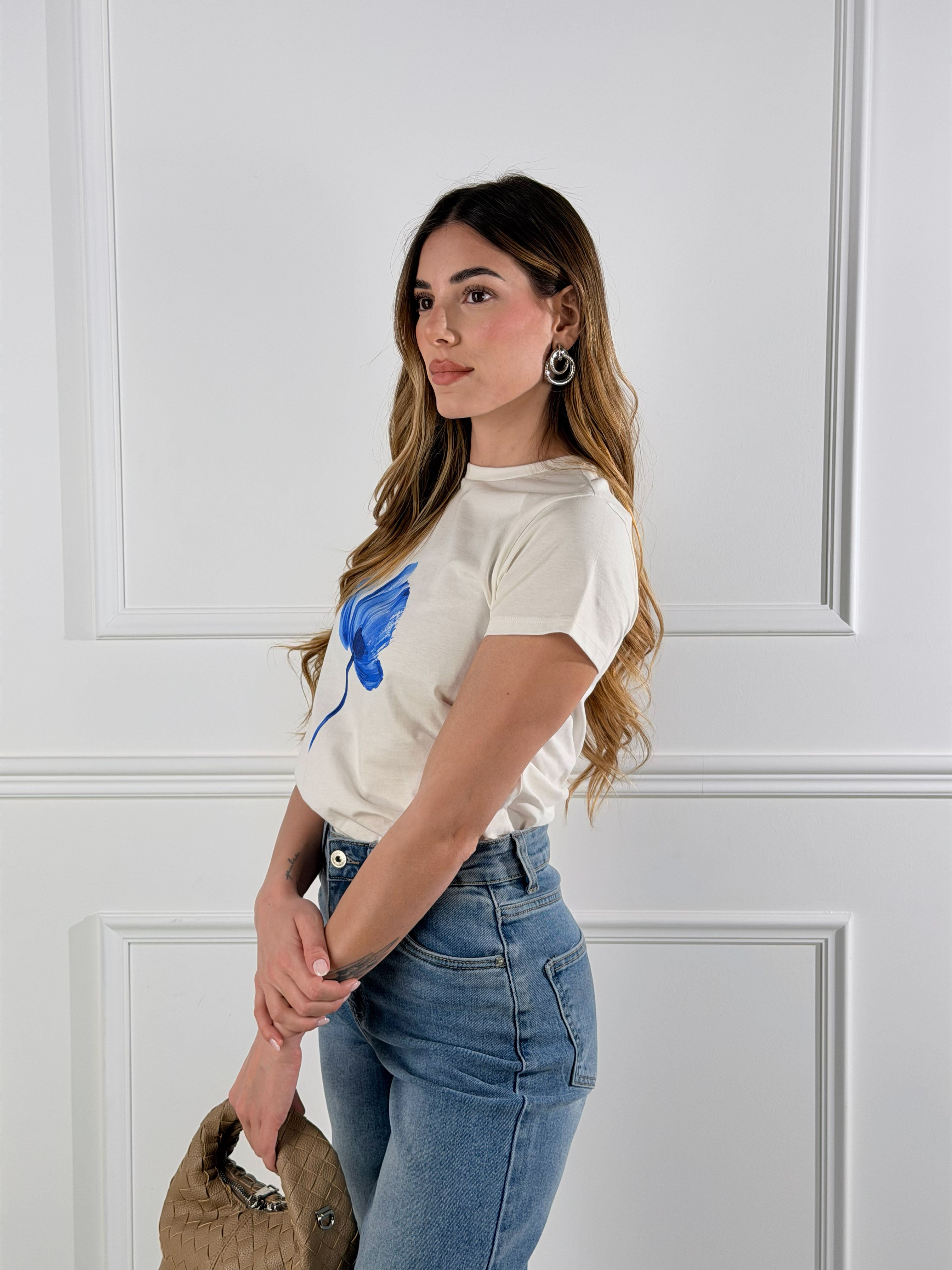 T shirt fiore blu|Colore:Bianco latte