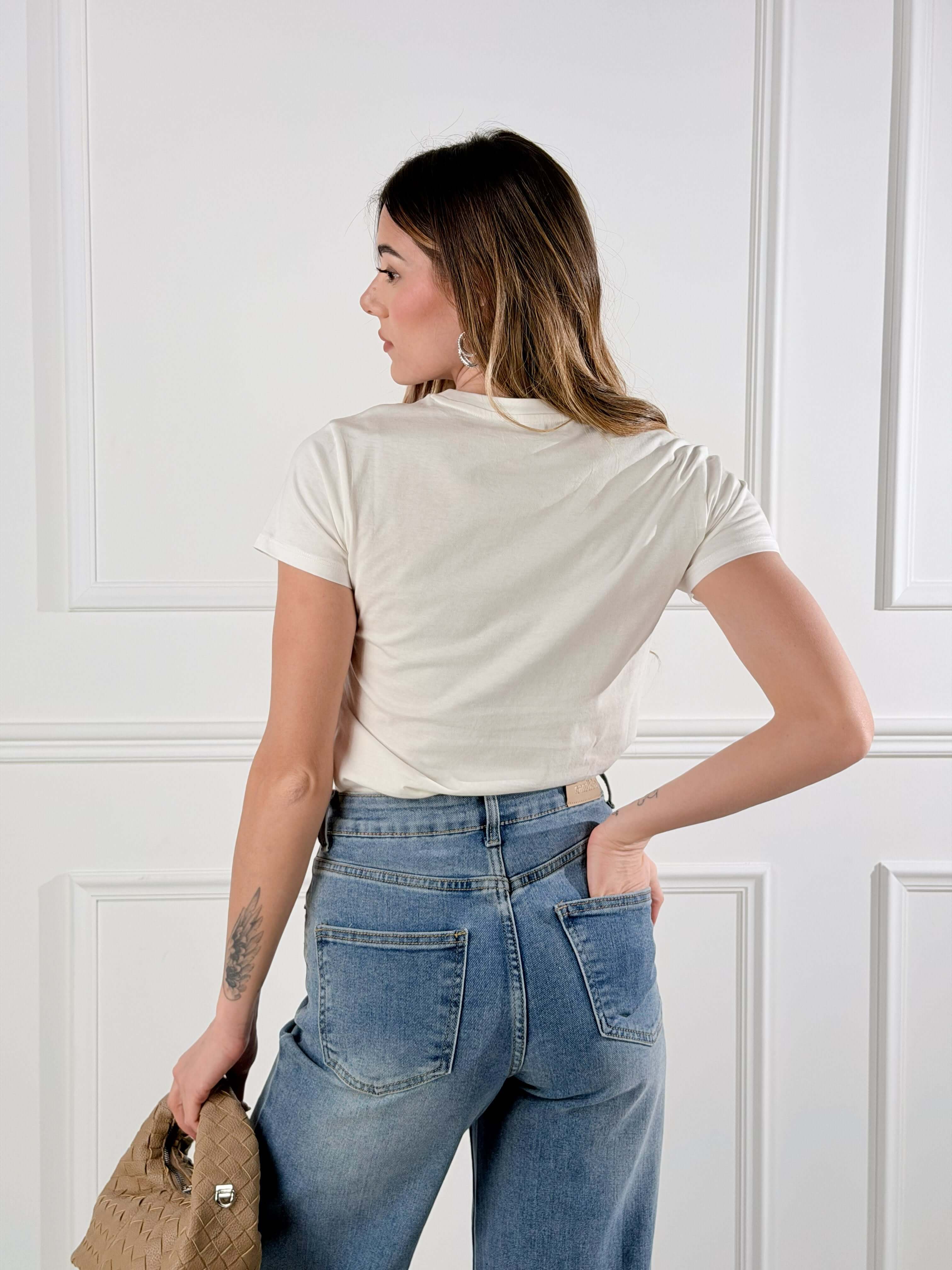 T shirt fiore blu|Colore:Bianco latte