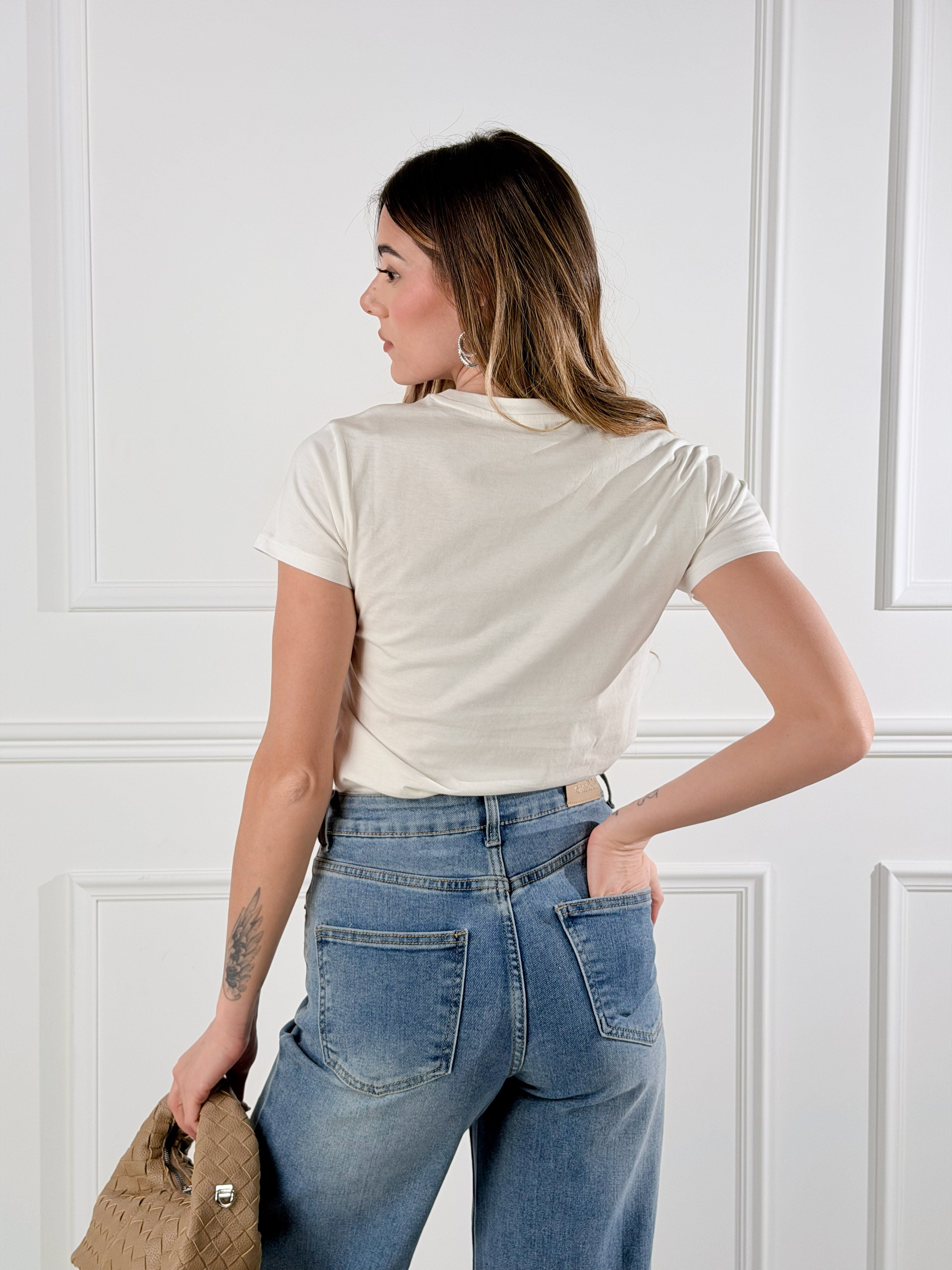 T shirt fiore blu|Colore:Bianco latte