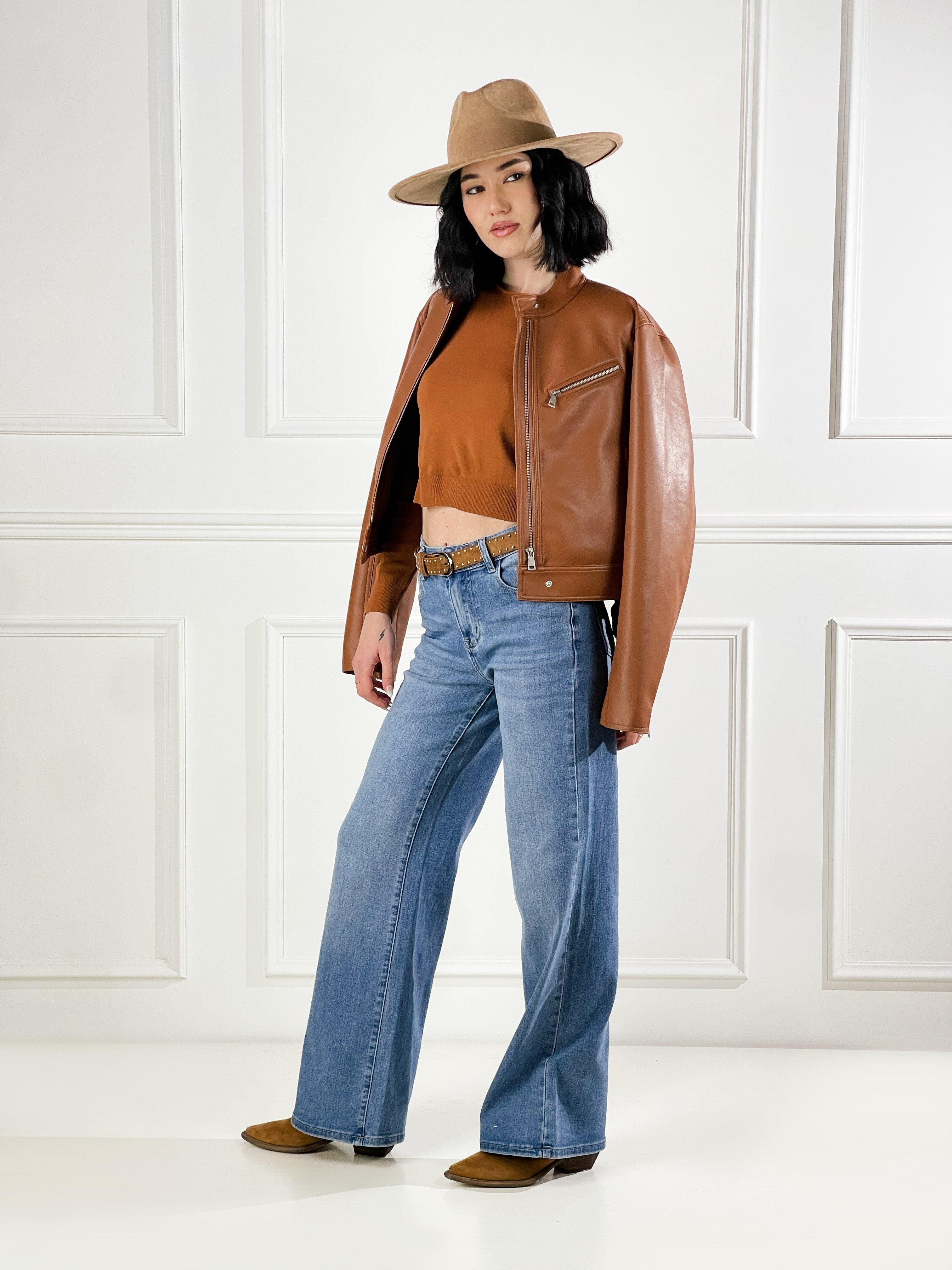 Jeans wide leg con cintura|Colore:Blu medio