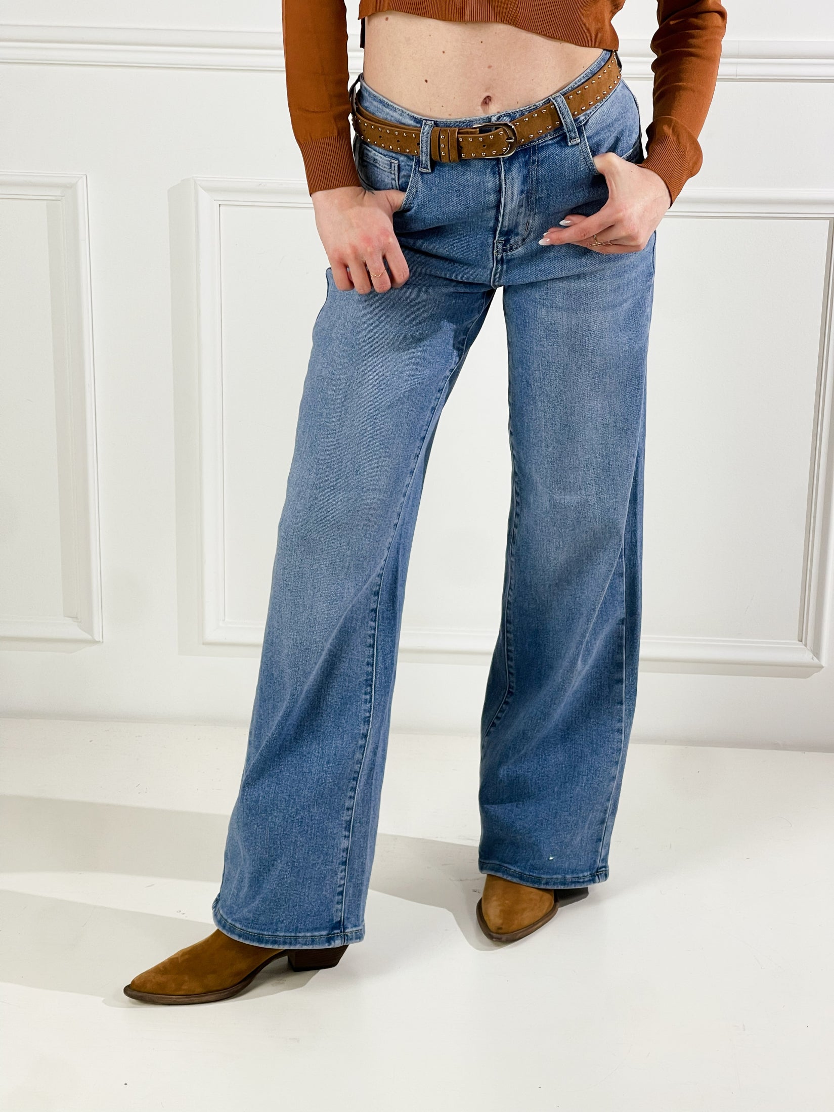 Jeans wide leg con cintura|Colore:Blu medio