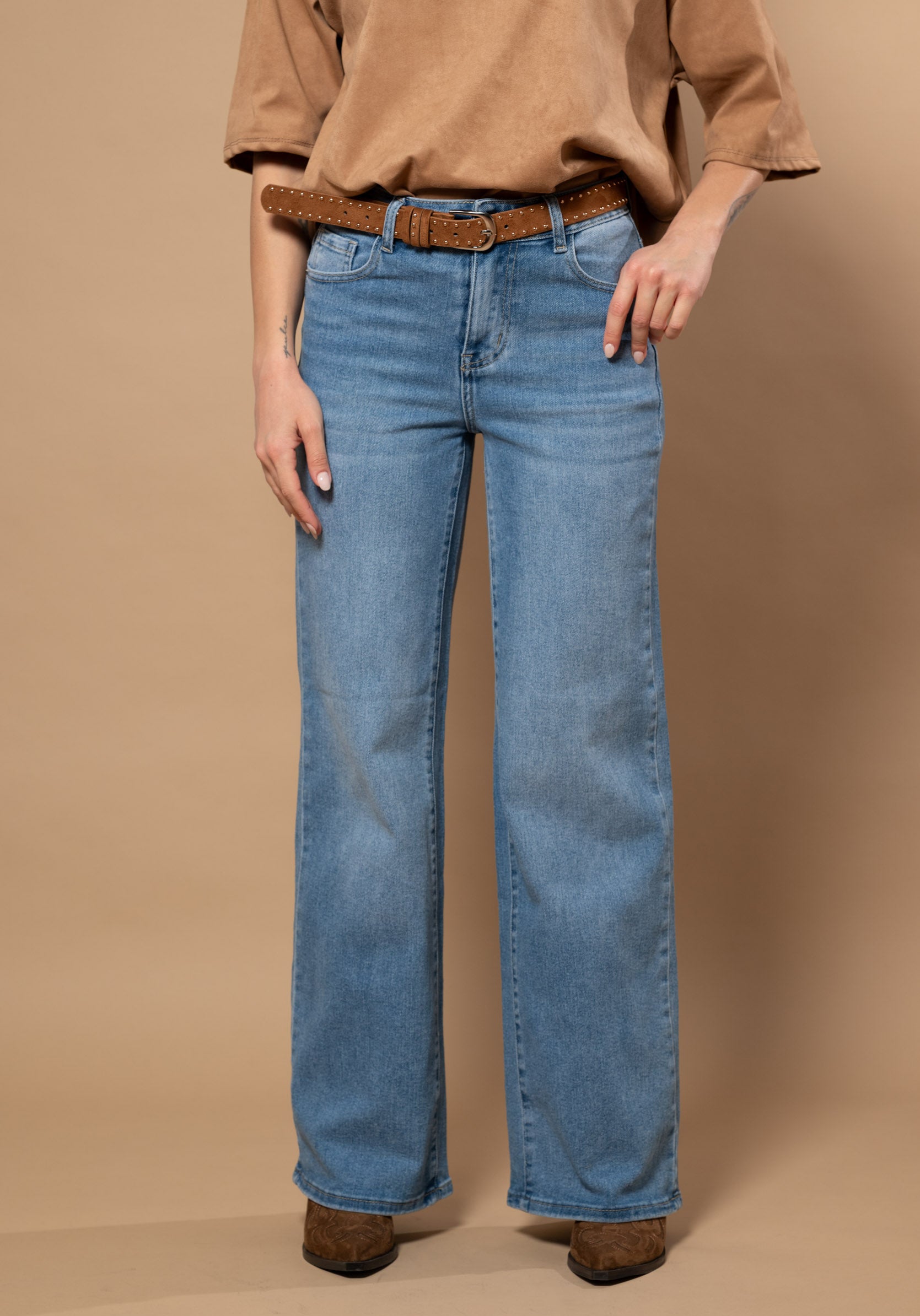 Jeans wide leg con cintura|Colore:Blu medio