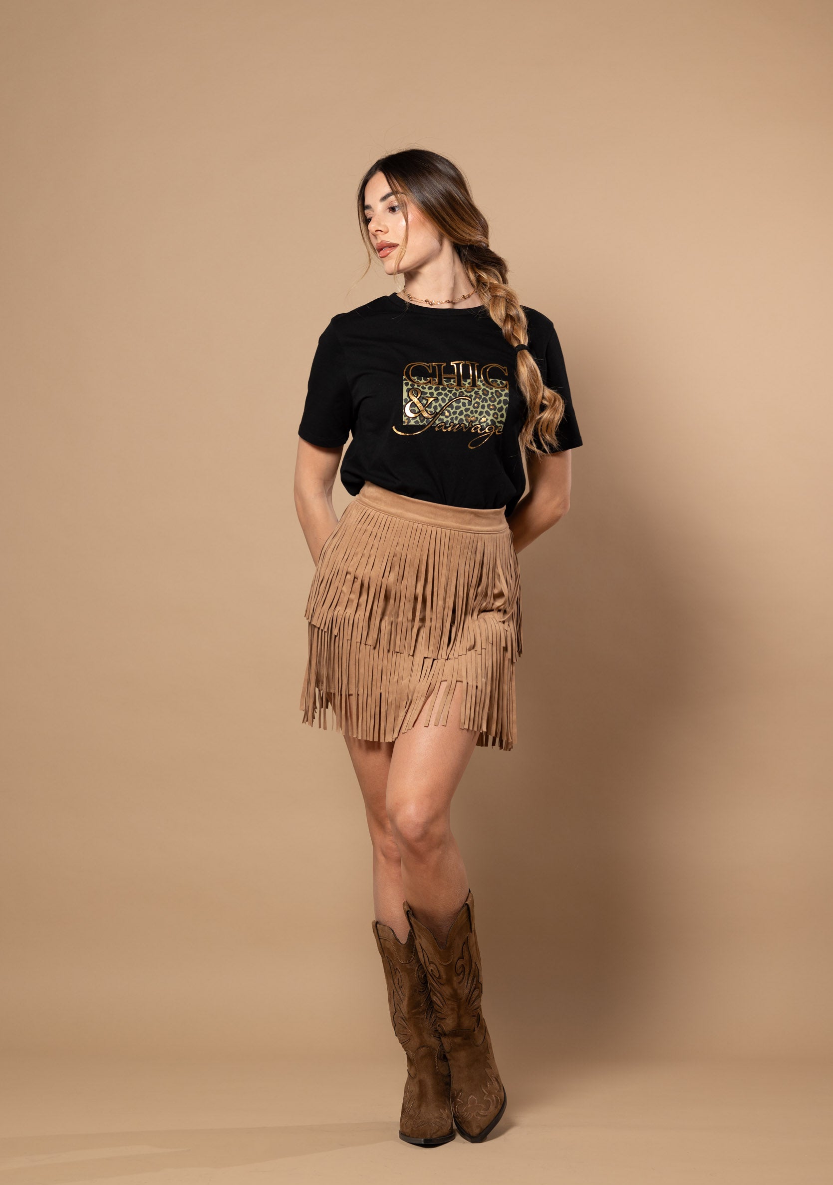 Gonna suede con frange|Colore:Cammello