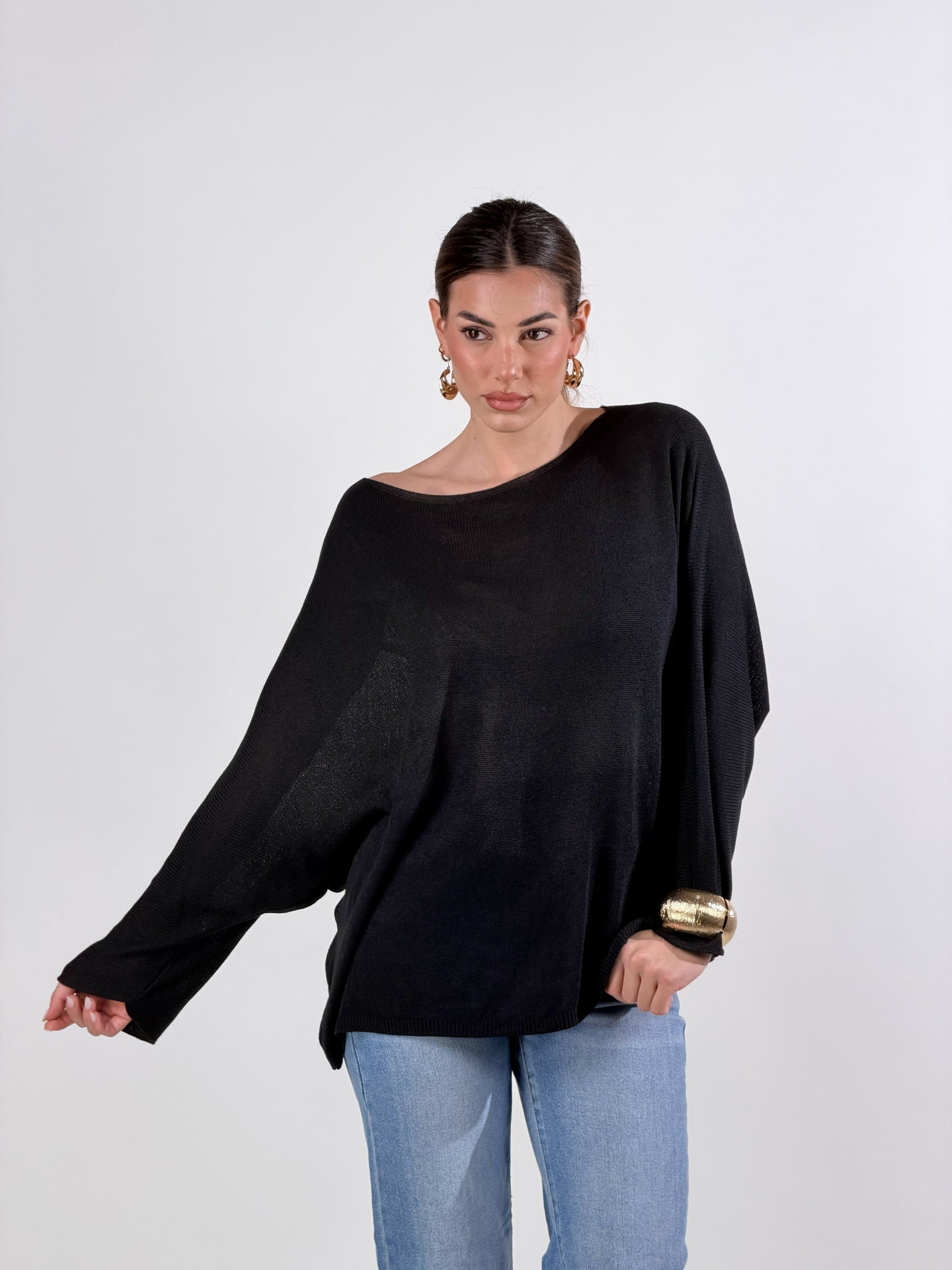 Maglia lurex scollo barca|Colore:Nero