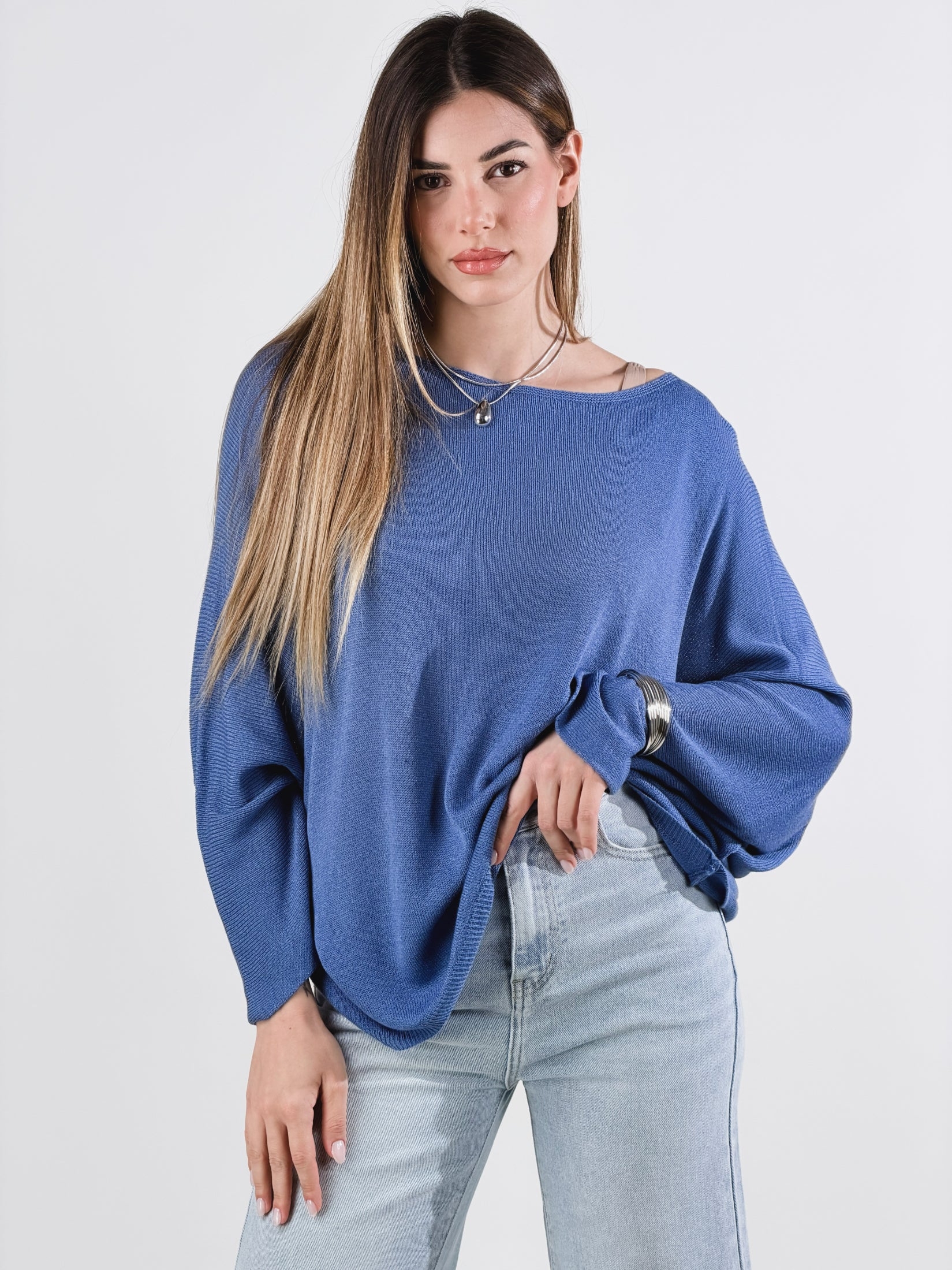 Maglia lurex scollo barca|Colore:Denim